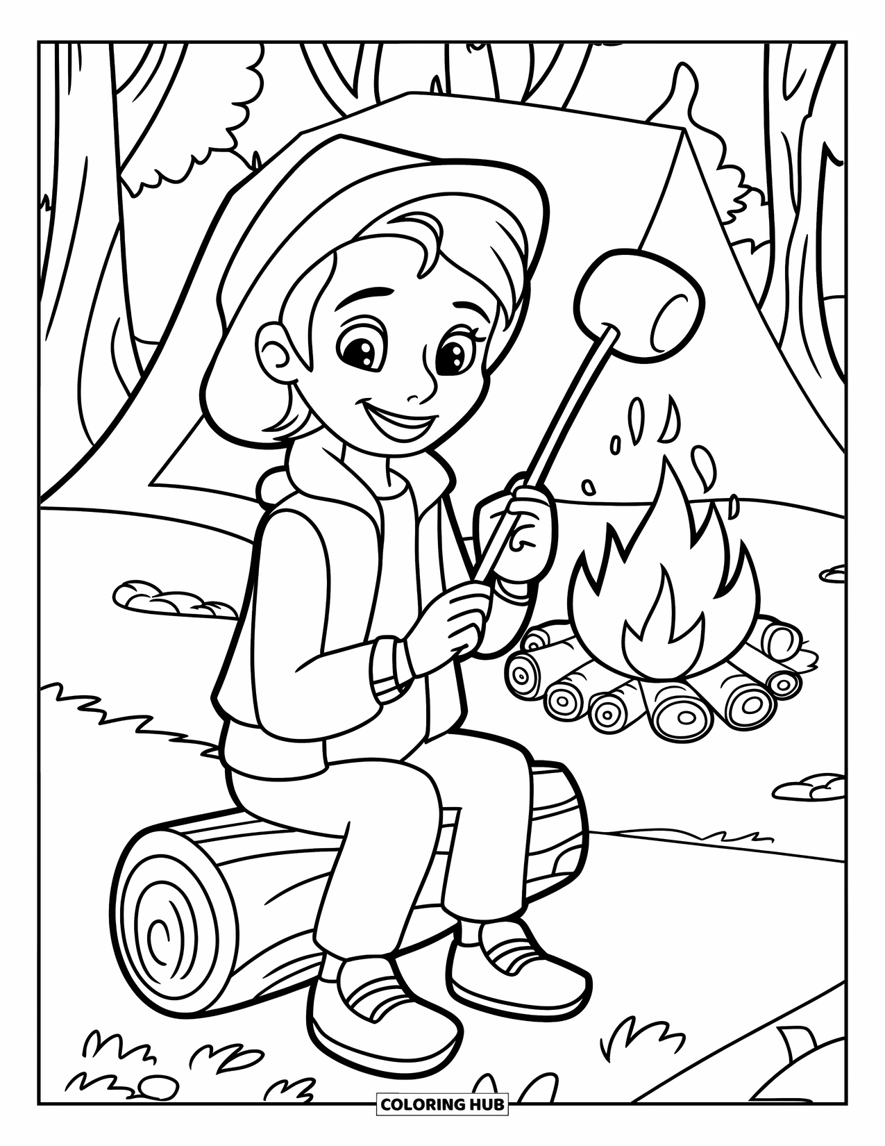 Kleurplaat Kampvuur voor Kinderen: Een lachende kampeerder zit bij het vuur en houdt een stok vast met een geroosterde marshmallow