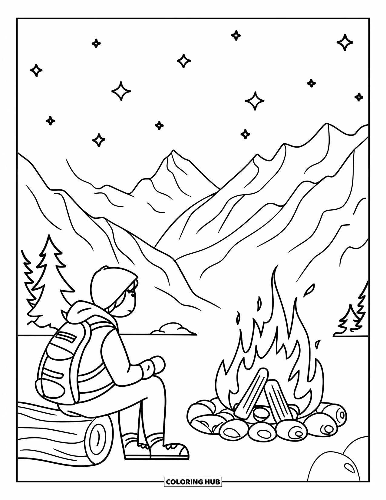 Kleurplaat Kampvuur voor Kinderen: Een eenzame kampeerder bij een vuur, omringd door torenhoge bergen en glinsterende sterren