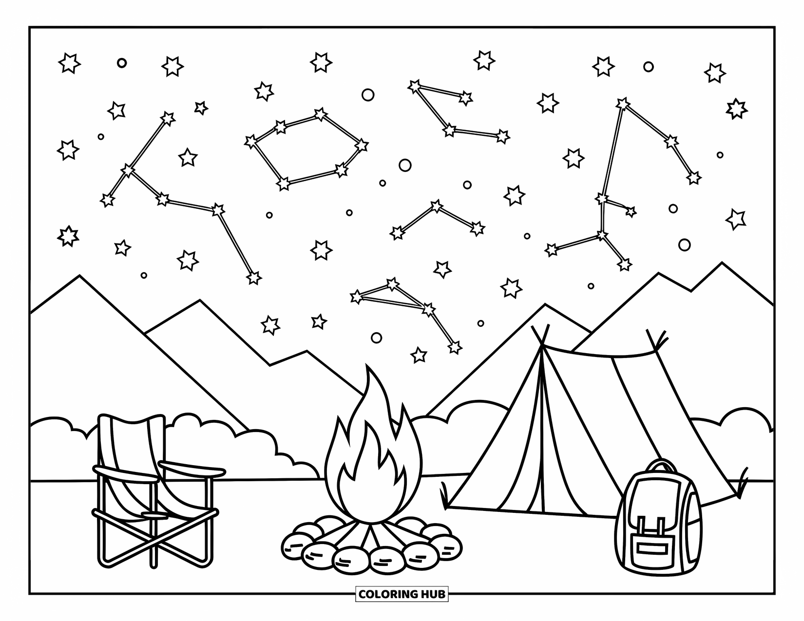 Kleurplaat Kampvuur voor Kinderen: Een sterrenhemel vol sterrenbeelden boven een gloeiend kampvuur