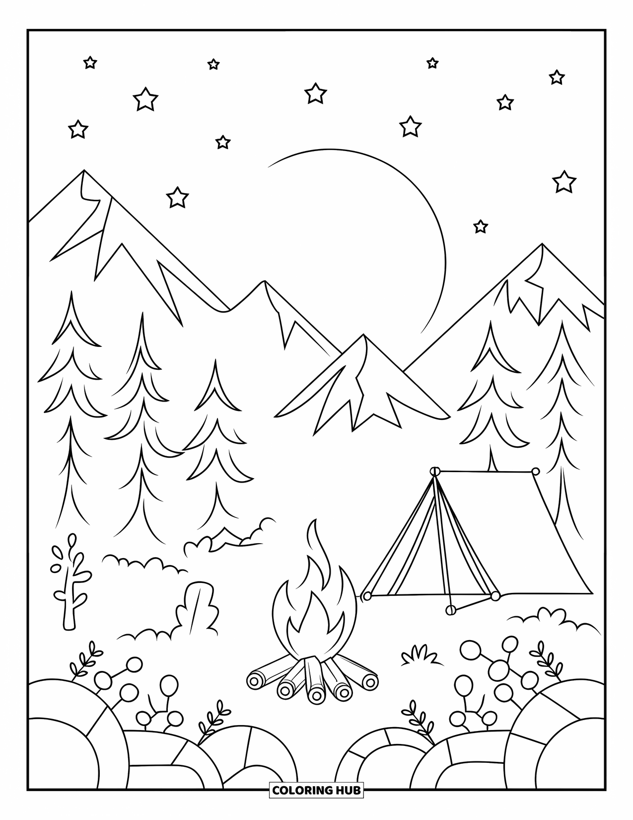 Kleurplaat Kampvuur voor Kinderen: Een tent, een kampvuur en een volle maan die neerschijnt op een rustige bosscène