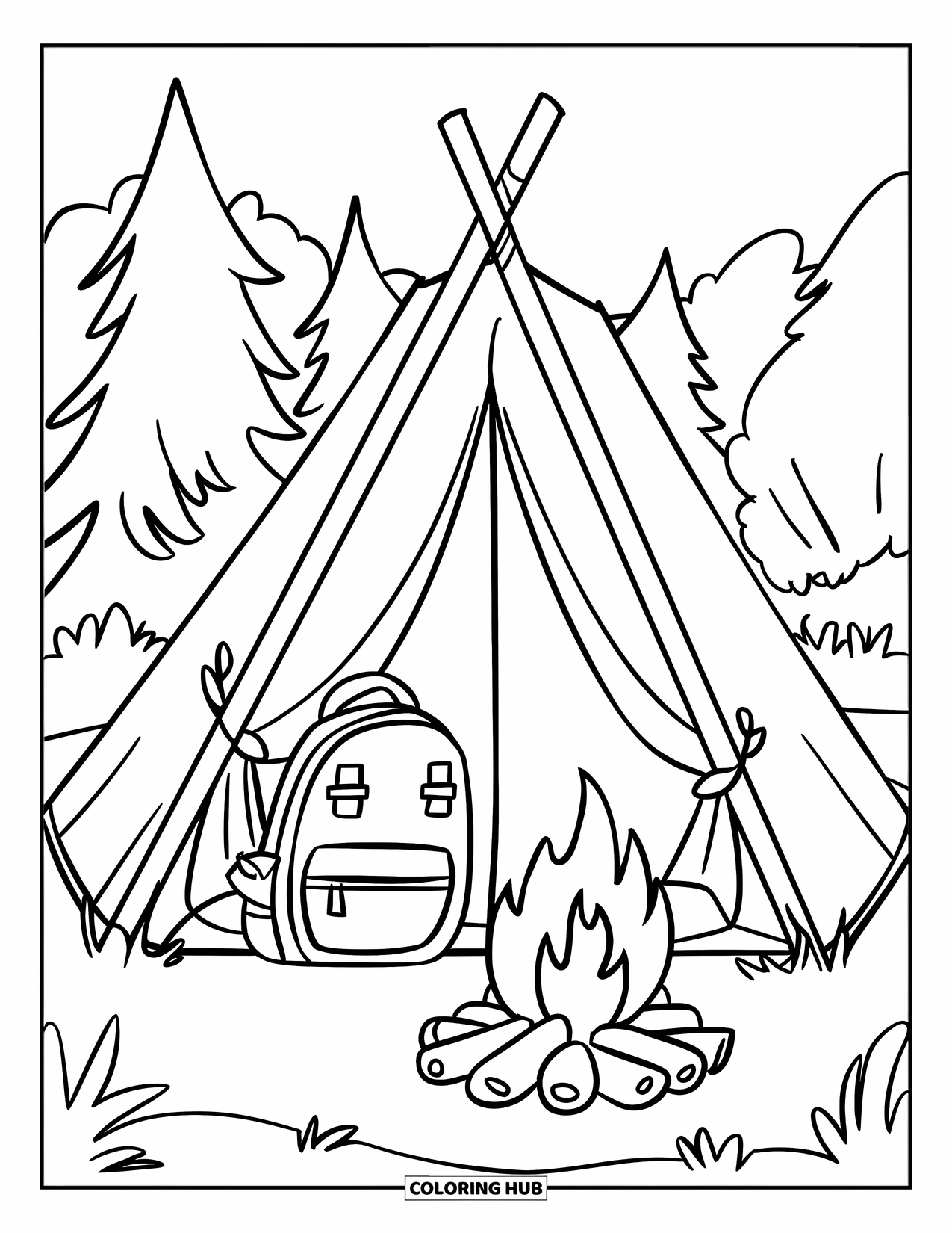 Kleurplaat Kampvuur voor Kinderen: Een driehoekige tent staat in de buurt van een vuur, met een rugzak tegen de ingang