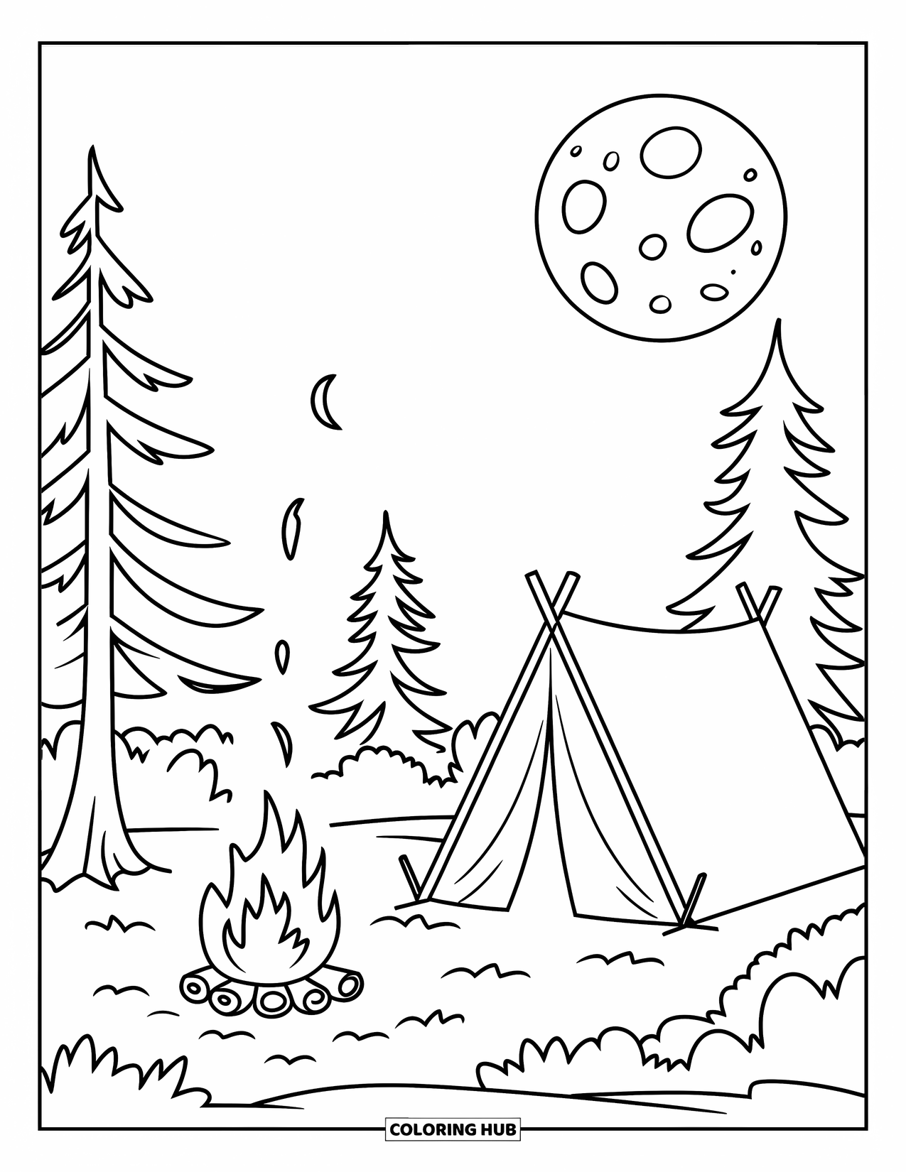 Kleurplaat Kampvuur voor Kinderen: Een warm kampvuur onder de sterren, met een tent genesteld tussen torenhoge bomen