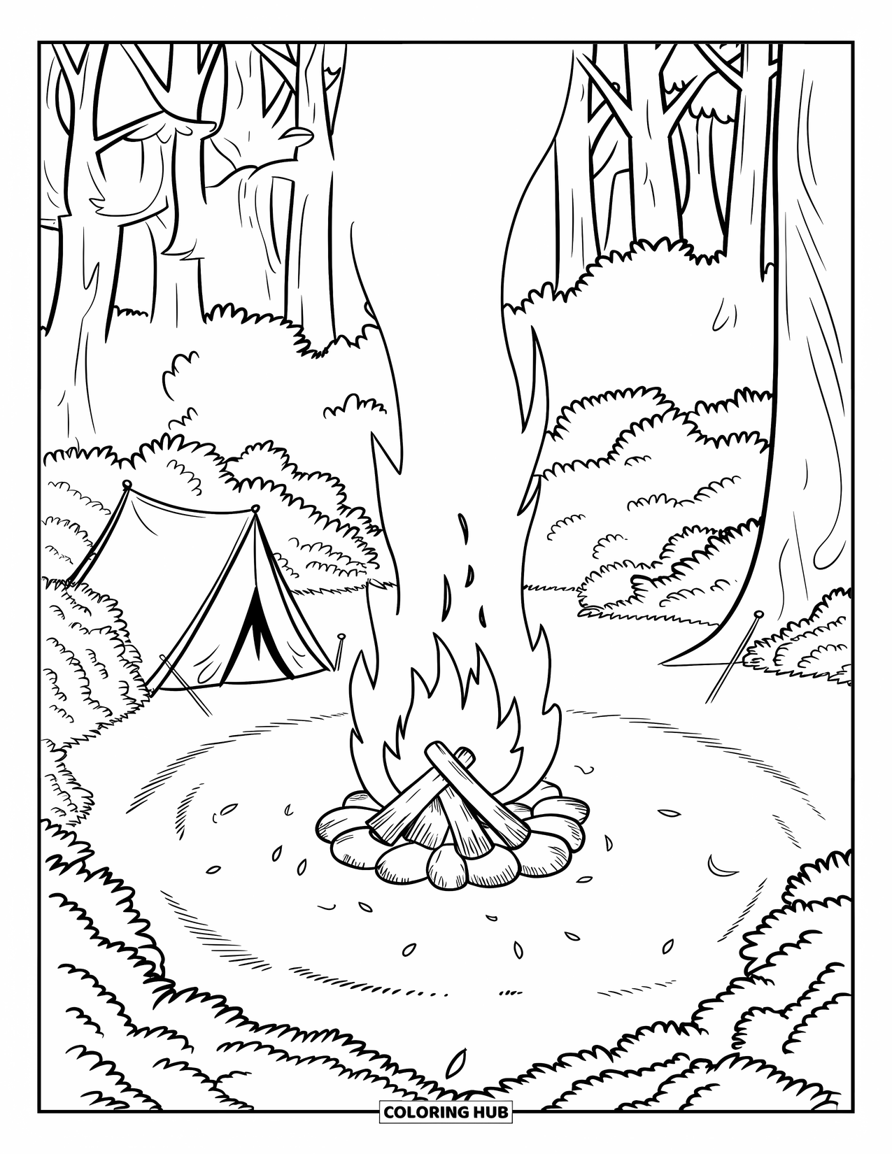 Kleurplaat Kampvuur voor Kinderen: Een warm vuur knettert op een verborgen boscamping, omringd door torenhoge bomen