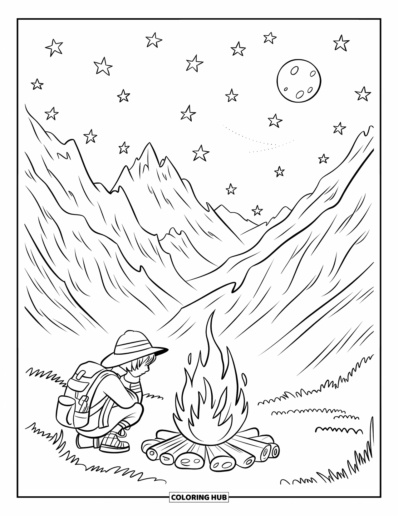 Kleurplaat Kampvuur voor Kinderen: Een vermoeide reiziger warmt zich op bij een vuur, met besneeuwde toppen op de achtergrond