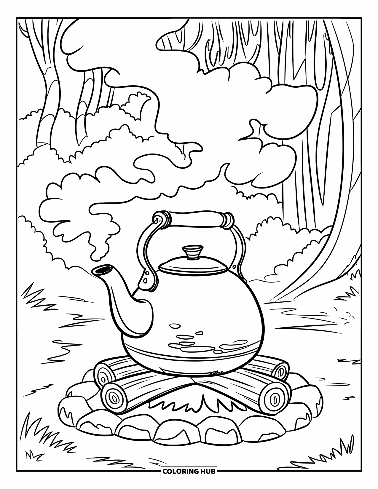 Kleurplaat Kampvuur voor Kinderen: Een fluitketel hangt boven een vuur, stoom krult in de nachtlucht