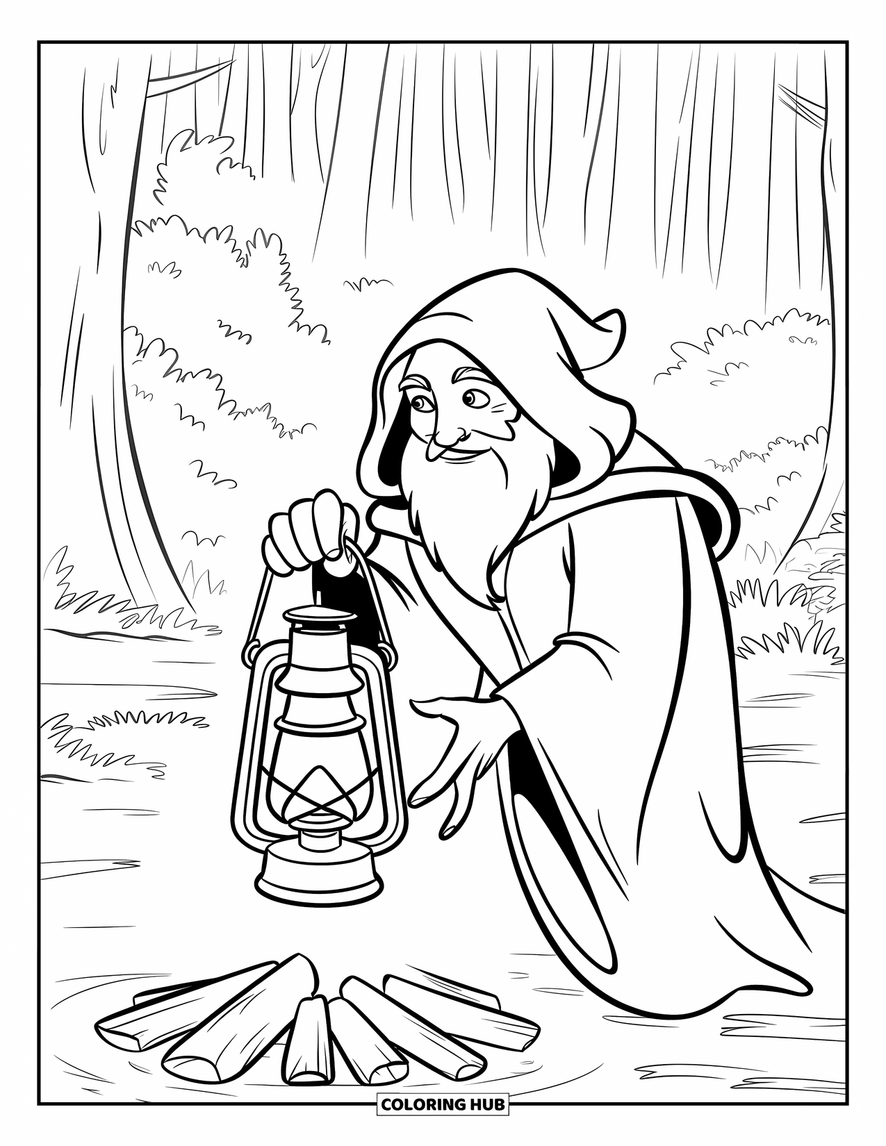 Kleurplaat Kampvuur voor Kinderen: Een wijze, bebaarde figuur met een lantaarn staat bij een vuur, omringd door mistige bomen