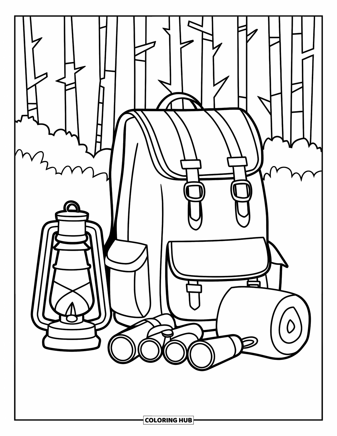 Desenho de acampamento para colorir para adultos: Uma mochila, lanterna e binóculos colocados perto de uma barraca em um ambiente de floresta tranquilo