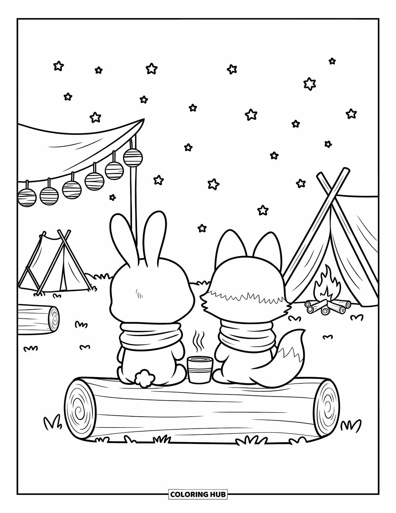 Desenho de Acampamento para Colorir para Adultos: Um coelho e uma raposa sentados em um tronco, enrolados em cachecóis, bebendo chocolate quente