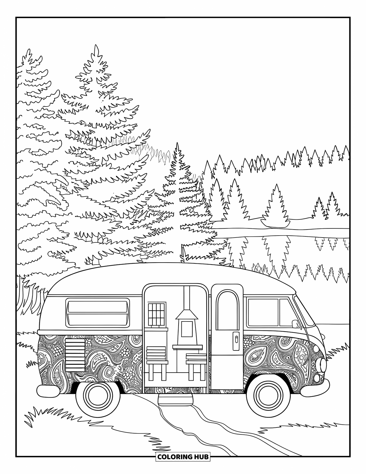Desenho de acampamento para colorir para adultos: Uma van de campista com padrões intrincados, estacionada perto de um lago tranquilo e árvores altas