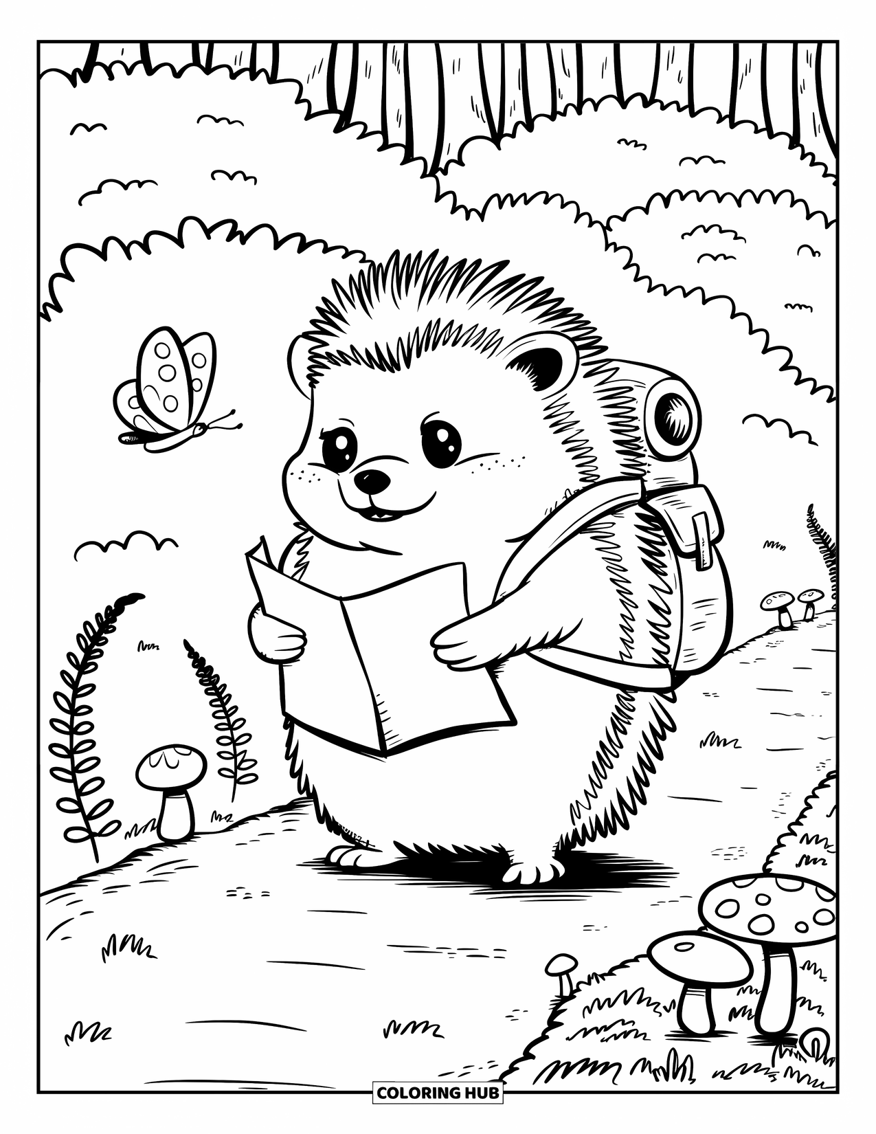 Desenho de Acampamento para Colorir para Adultos: Um ouriço rechonchudo segurando um mapa, em pé em um caminho entre samambaias e cogumelos