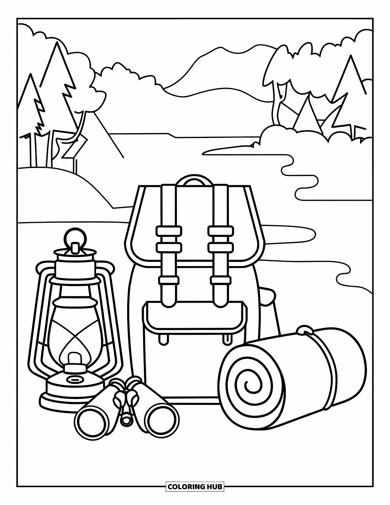 Desenho de acampamento para colorir para adultos: Uma coleção de equipamentos de acampamento, incluindo uma lanterna, mochila e binóculos, dispostos de forma organizada