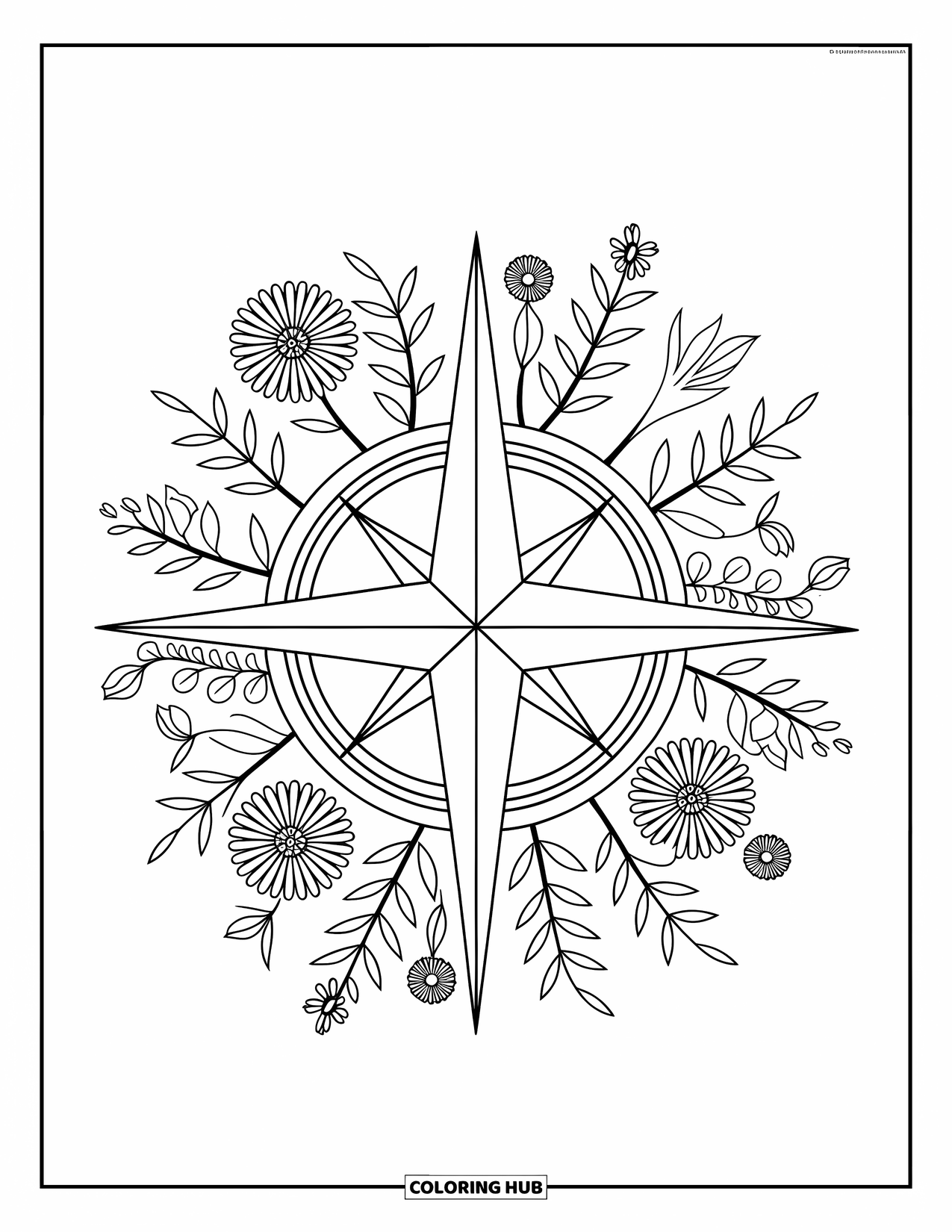Desenho de acampamento para colorir para adultos: Uma bússola cercada por flores silvestres e folhas, projetada com padrões intrincados