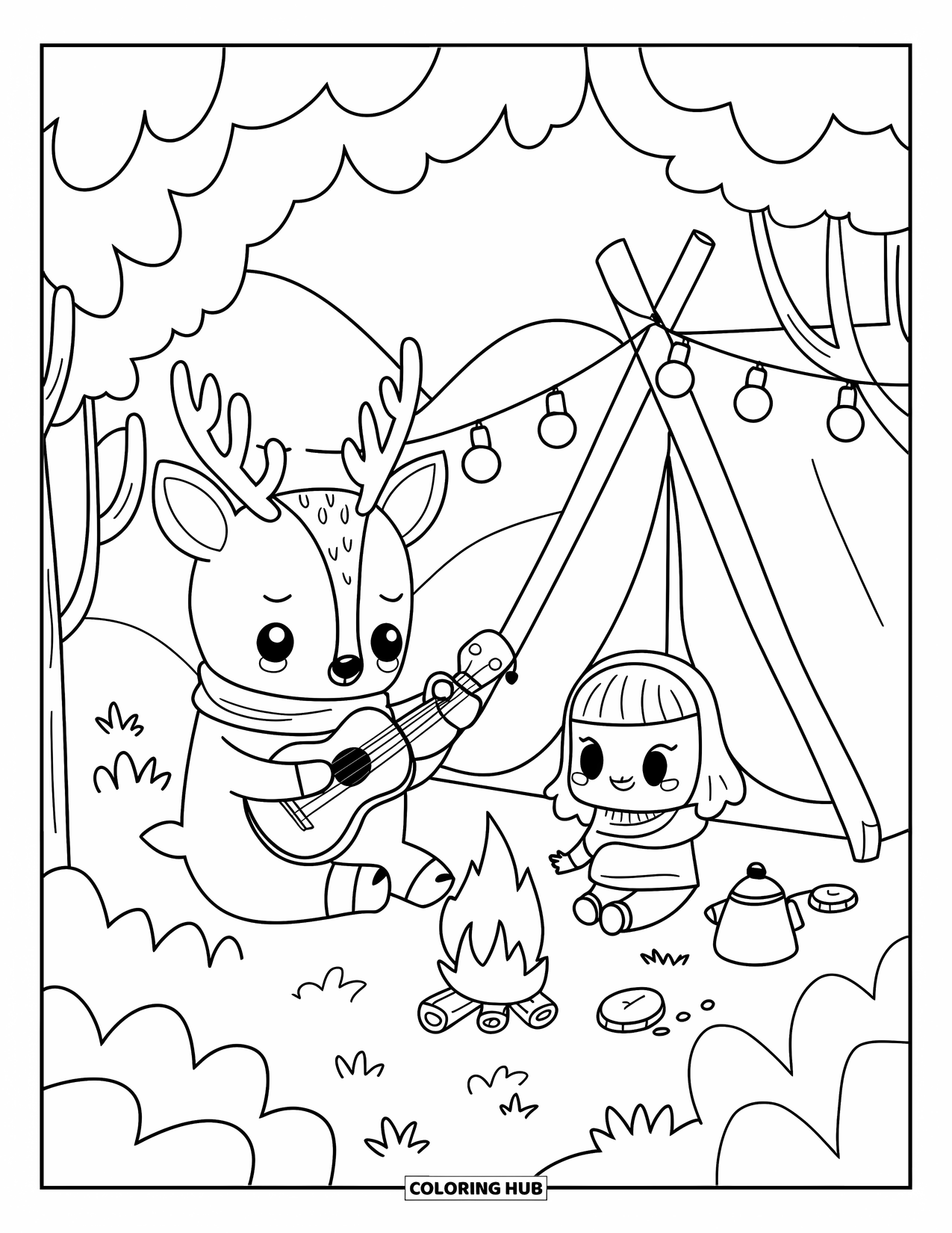 Desenho de acampamento para colorir para adultos: Uma cena aconchegante de acampamento com um cervo tocando música, lanternas brilhando no alto