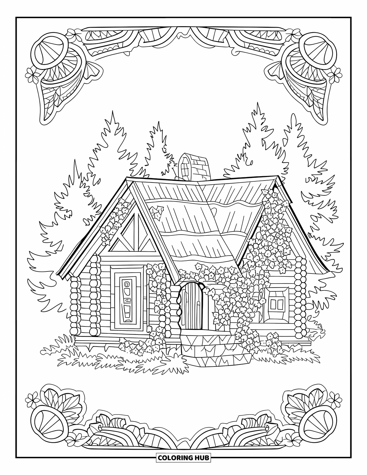 Desenho de acampamento para colorir para adultos: Uma cabana de madeira aconchegante cercada por pinheiros detalhados, com um telhado de colmo e varanda