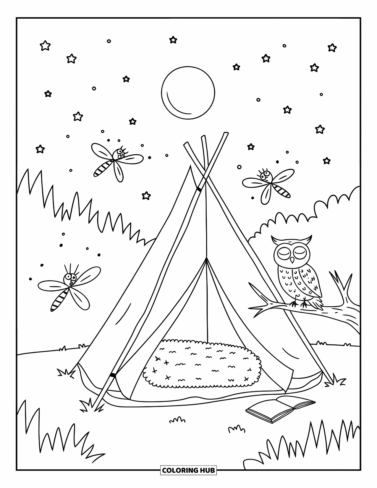 Desenho de Acampamento para Colorir para Adultos: Uma barraca aconchegante em uma clareira tranquila, brilhando suavemente com vaga-lumes zumbindo ao redor