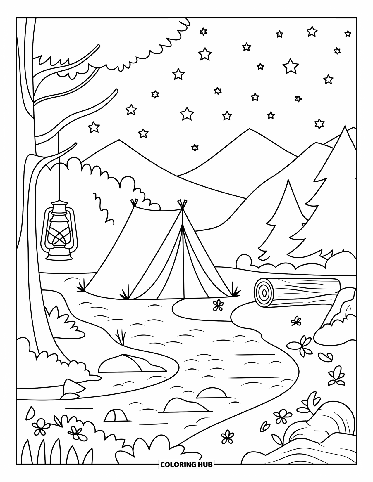 Desenho de acampamento para colorir para adultos: Uma barraca aconchegante perto de um rio, com uma lanterna pendurada em uma árvore e vaga-lumes ao redor