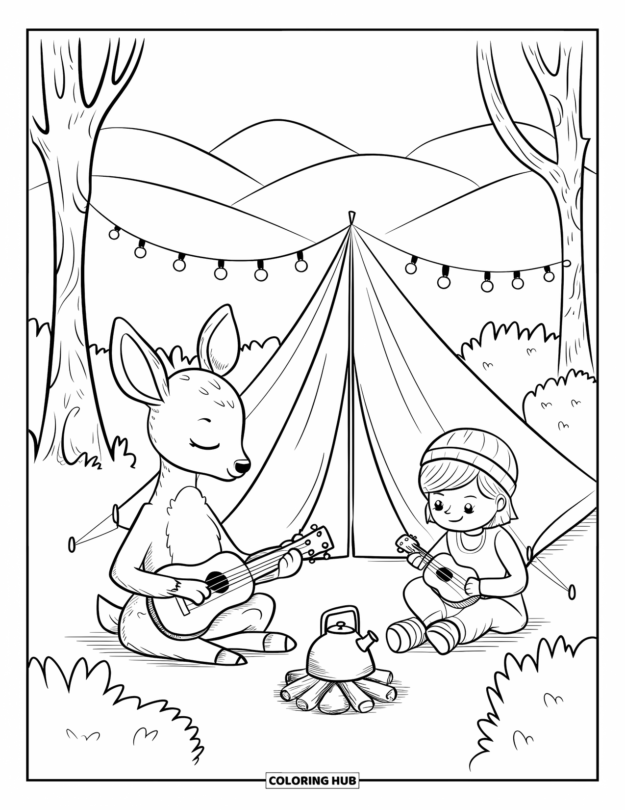 Desenho de acampamento para colorir para adultos: Um cervo tocando ukulele perto de uma barraca, com um campista e uma fogueira por perto