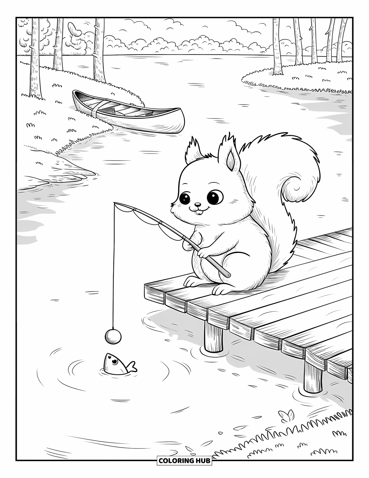 Desenho de Acampamento para Colorir para Adultos: Um esquilo pescador em uma doca de madeira, observando um peixe pular no lago