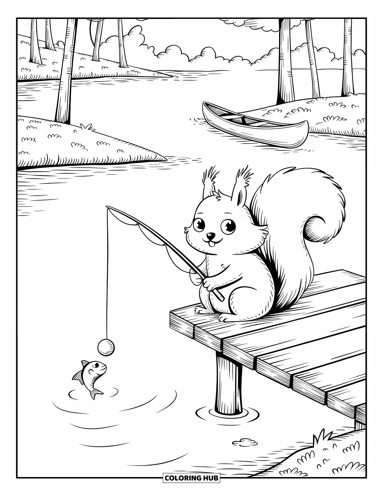 Desenho de acampamento para colorir para adultos: Um esquilo fofo pescando de um cais, enquanto um peixe curioso espreita da água