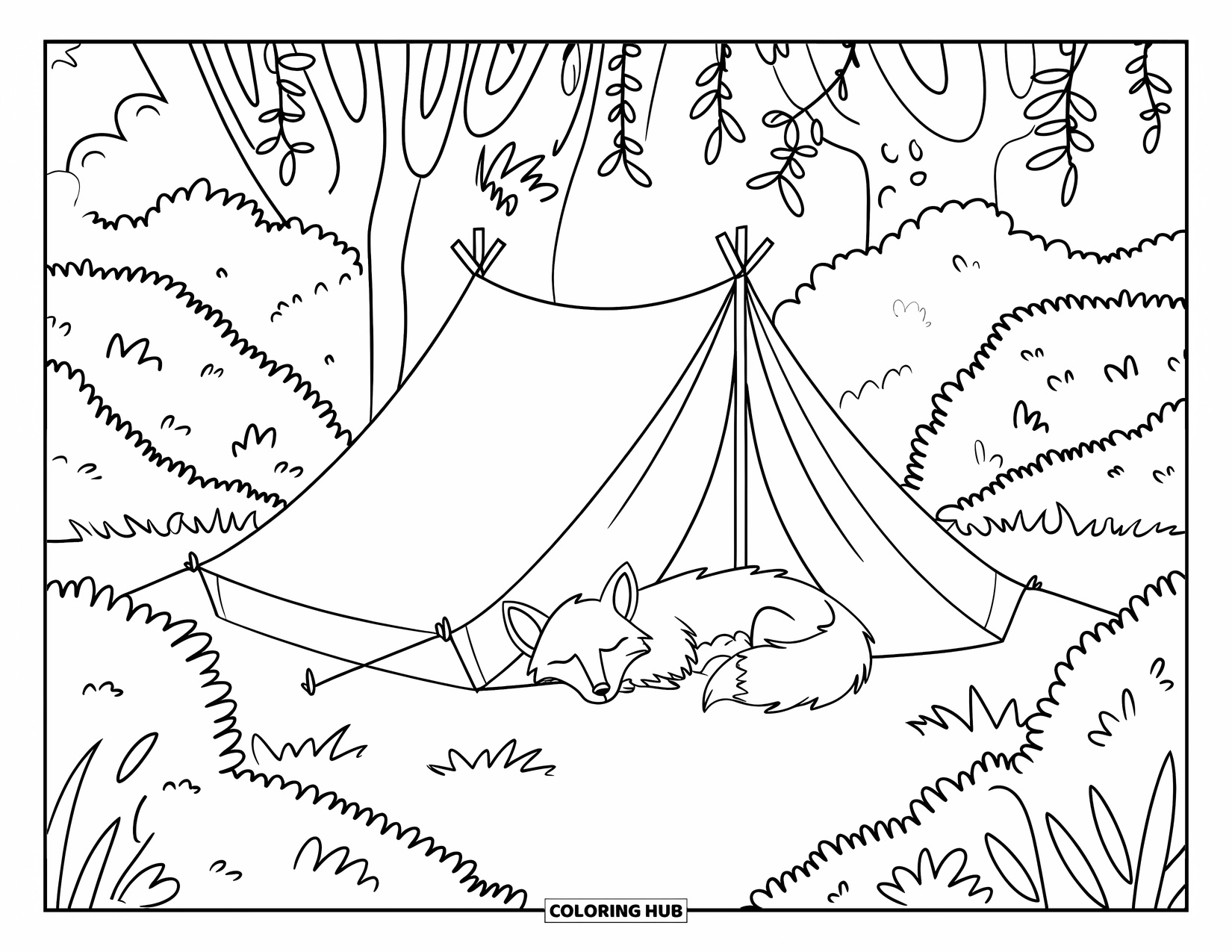 Desenho de acampamento para colorir para adultos: Uma raposa se enrola perto de uma barraca em uma floresta tranquila, escondida entre folhas e galhos