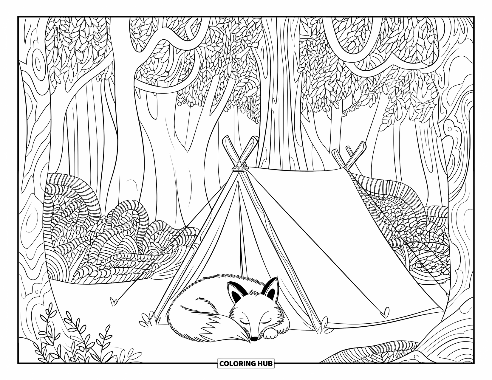 Desenho de Acampamento para Colorir para Adultos: Uma raposa cochila pacificamente perto de uma barraca, com uma polia de corda e dossel de floresta padronizado