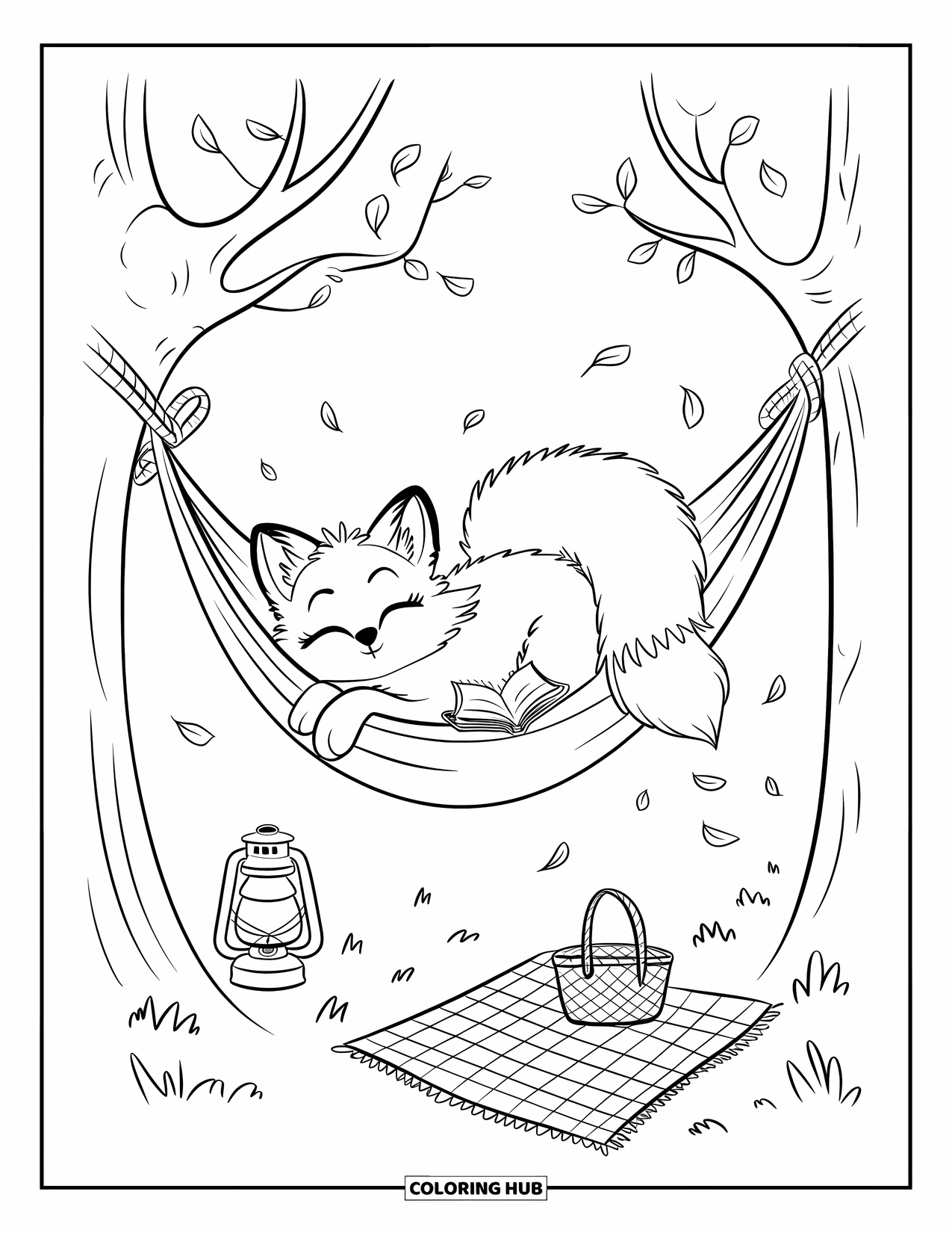 Desenho de Acampamento para Colorir para Adultos: Uma raposa cochilando com um livro em uma rede, cercada por uma floresta tranquila