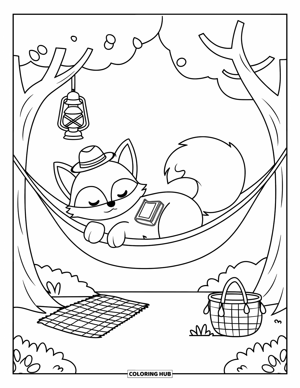 Desenho de acampamento para colorir para adultos: Uma raposa cochilando em uma rede suspensa, com uma cesta de piquenique embaixo