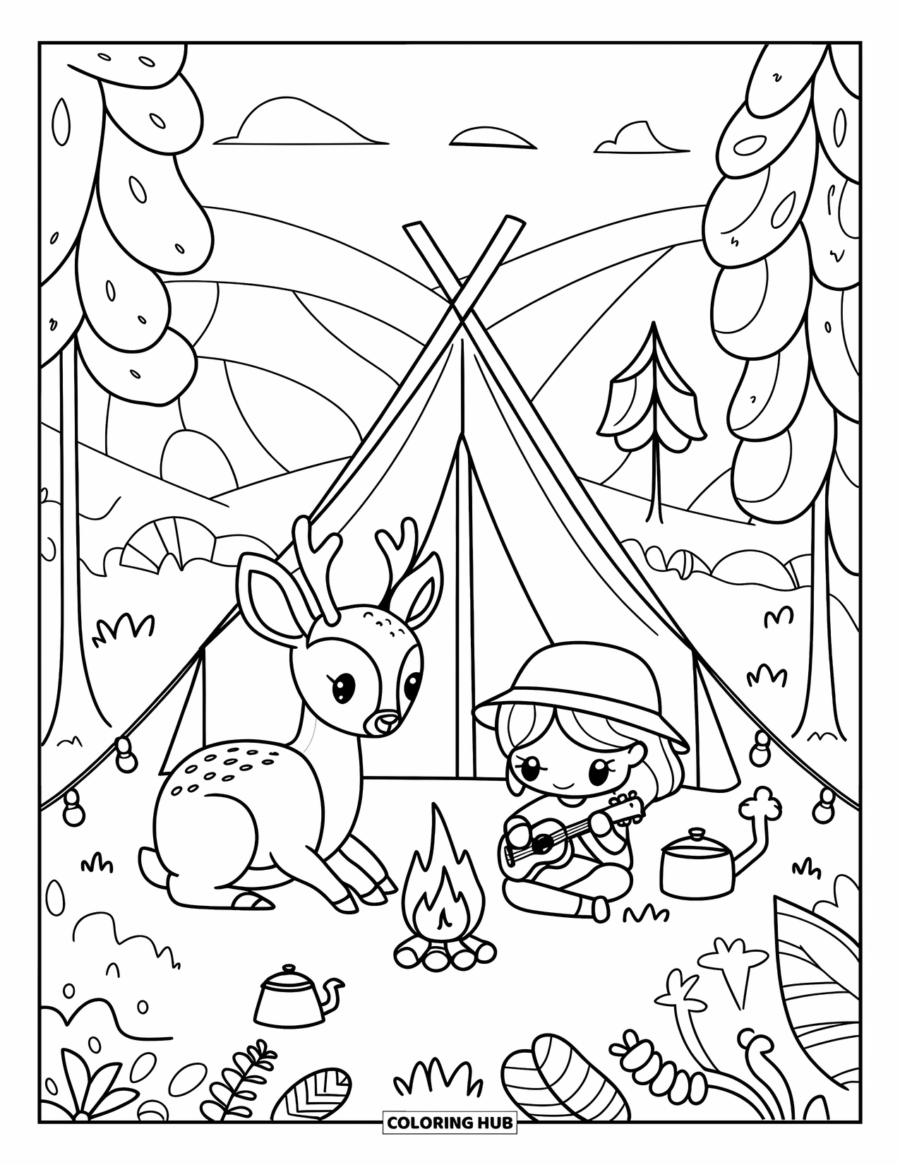 Desenho de Acampamento para Colorir para Adultos: Um cervo gentil dedilhando um ukulele em um acampamento, com luzes de corda acima