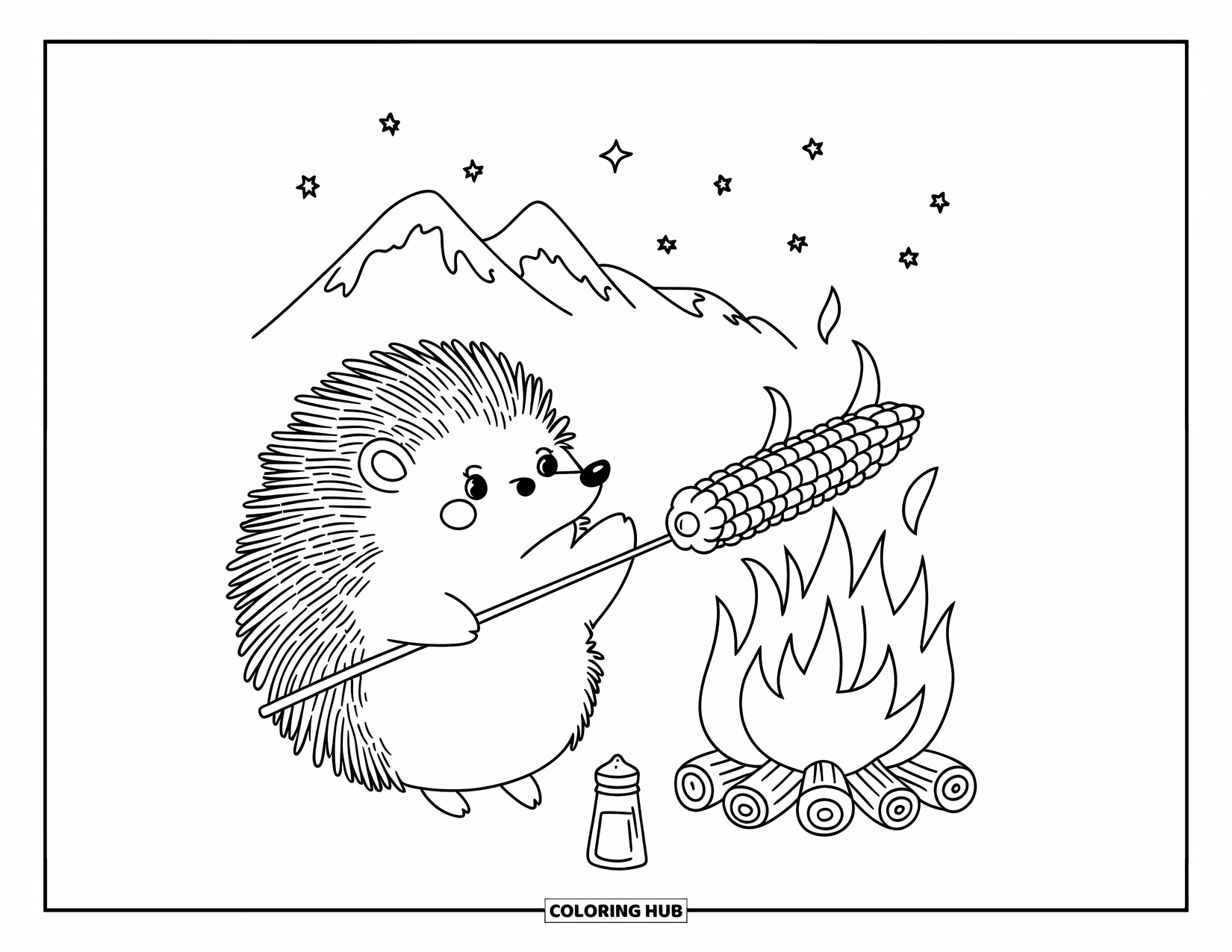 Desenho de Acampamento para Colorir para Adultos: Um ouriço com um chapéu listrado torrando milho perto de uma fogueira sob um céu estrelado