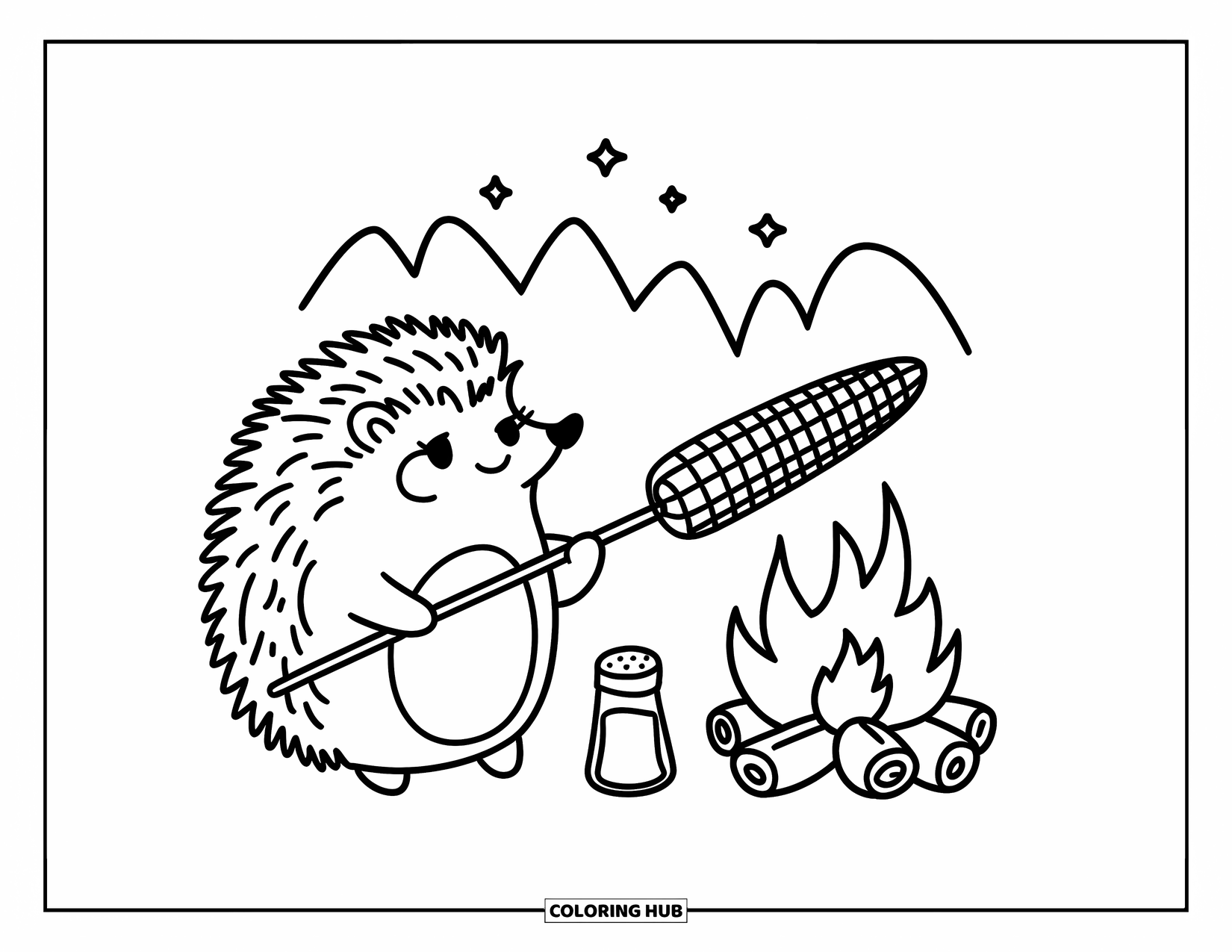 Desenho de Acampamento para Colorir para Adultos: Um ouriço assando milho sobre uma fogueira, com um pequeno saleiro ao lado