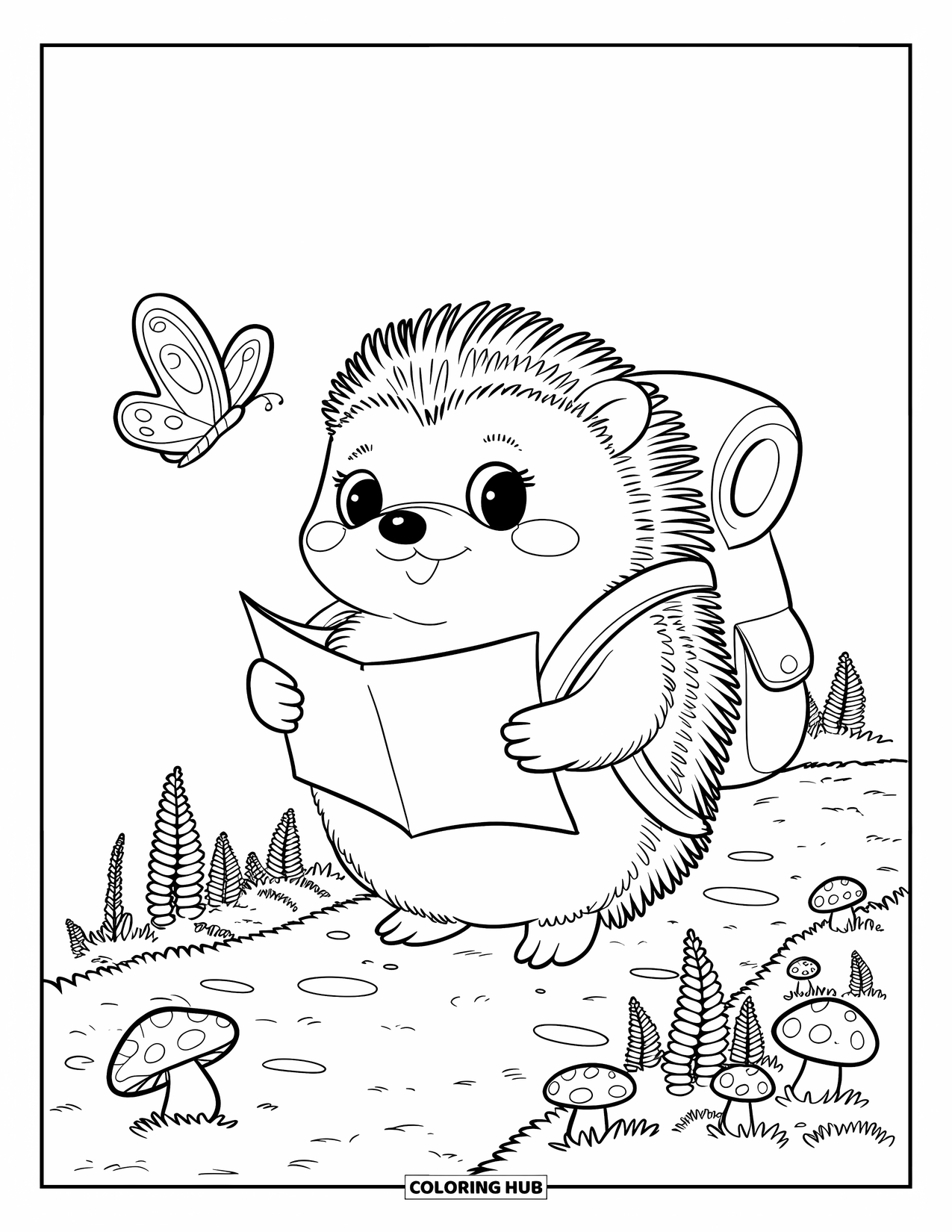 Desenho de Acampamento para Colorir para Adultos: Um ouriço com uma mochila, olhando para um mapa enquanto uma borboleta passa voando