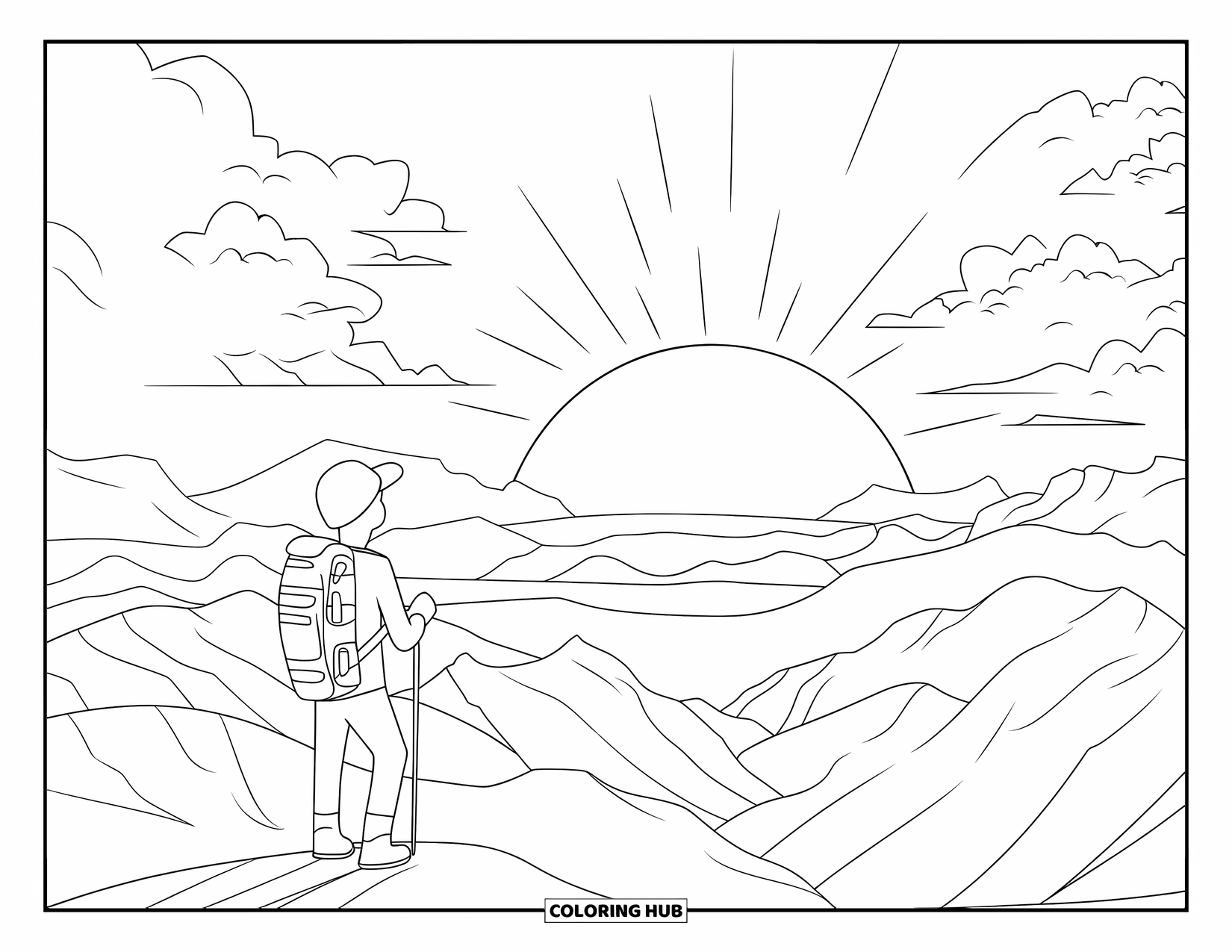 Desenho de Acampamento para Colorir para Adultos: A silhueta de um caminhante observa o nascer do sol, cercado por montanhas e nuvens ondulantes