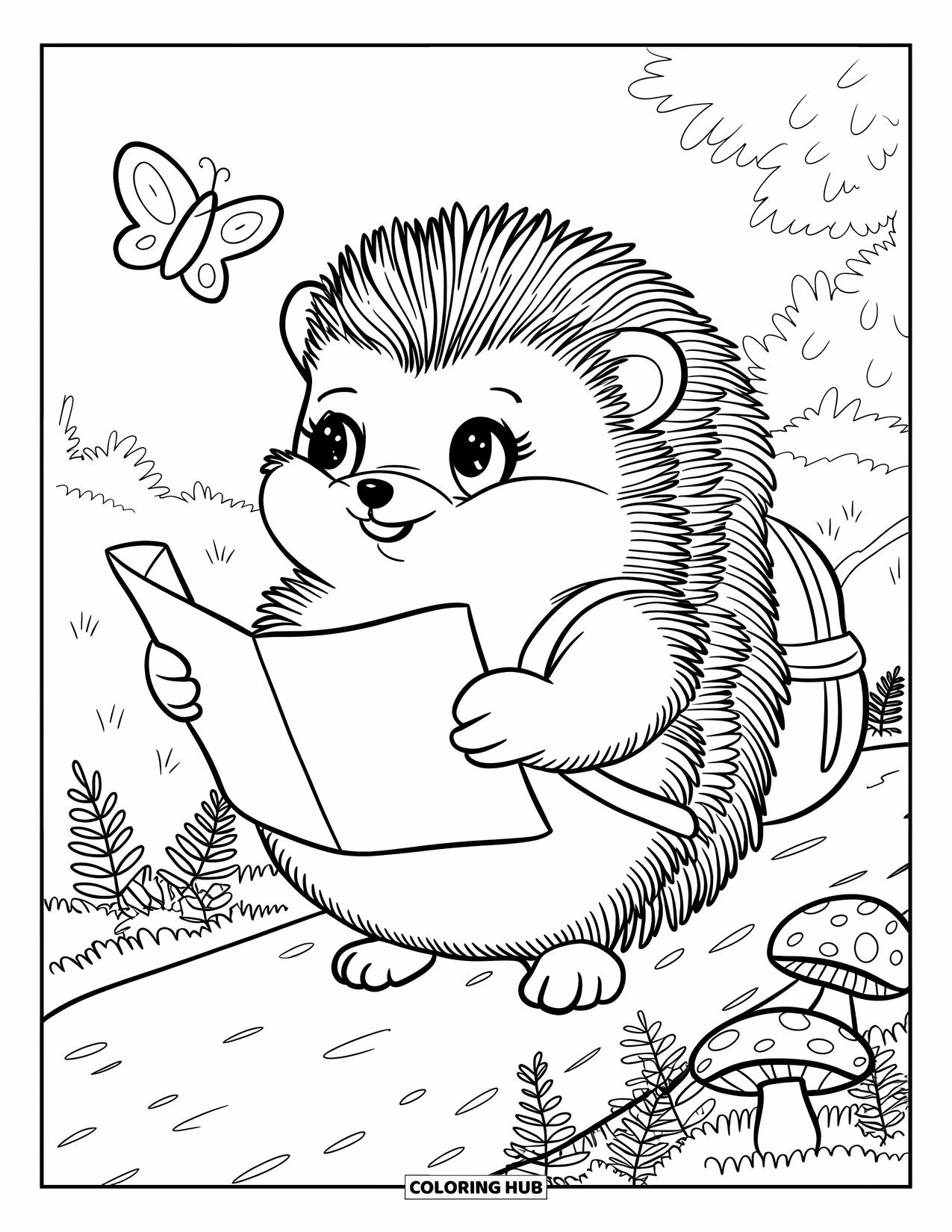 Desenho de Acampamento para Colorir para Adultos: Um pequeno ouriço com um mapa, vagando por uma trilha na floresta com pequenas samambaias