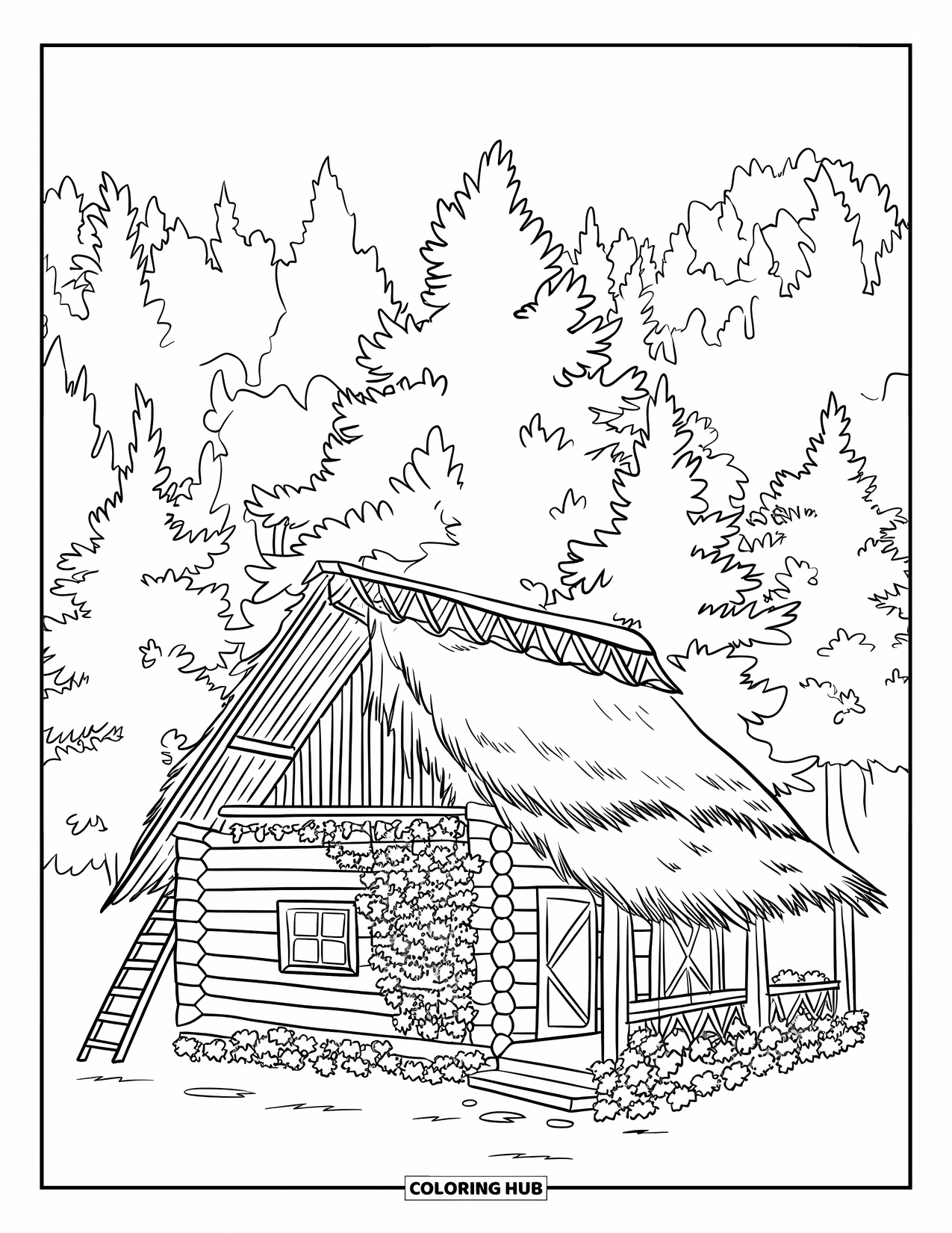 Desenho de acampamento para colorir para adultos: Uma cabana de madeira com uma escada, paredes cobertas de hera e um cenário de floresta
