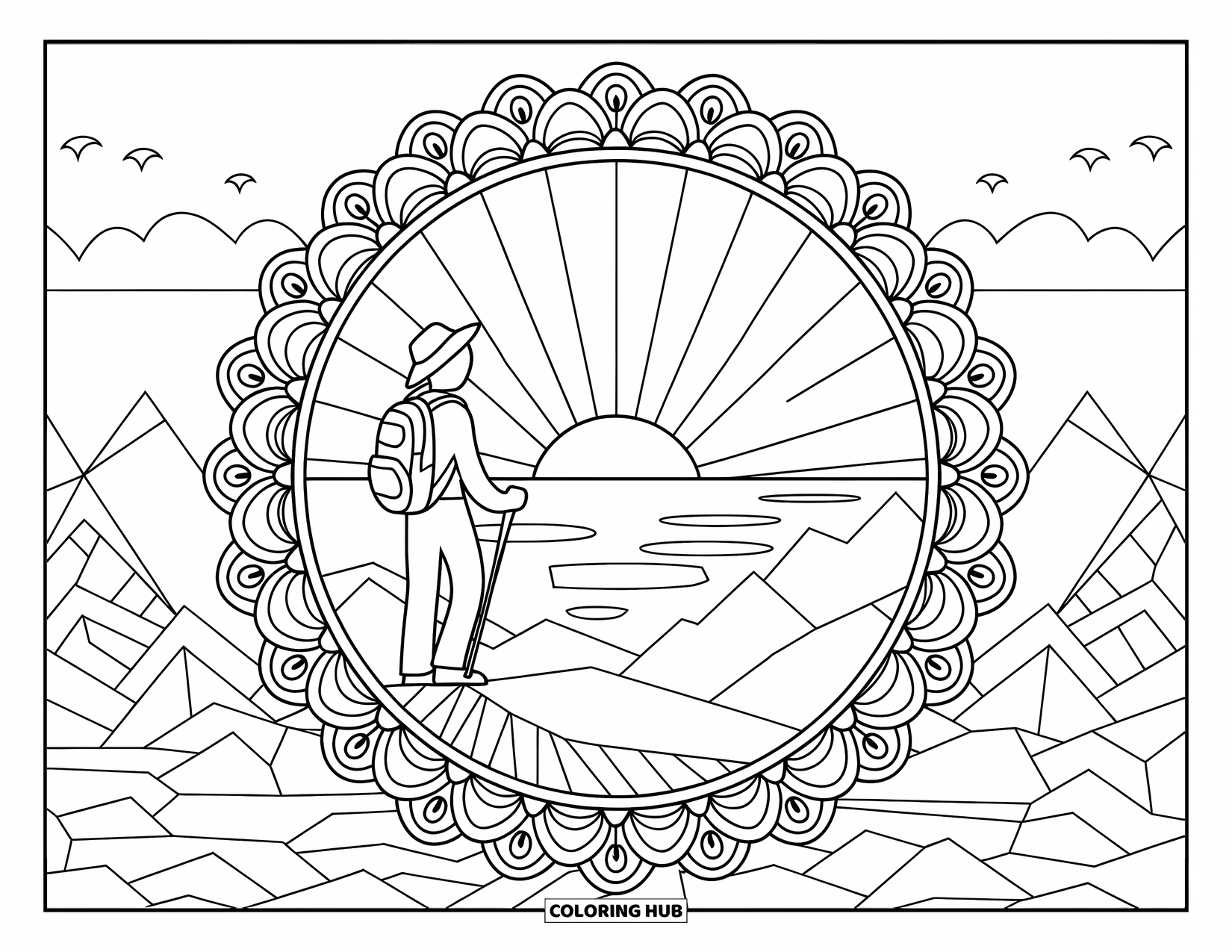 Desenho de acampamento para colorir para adultos: Um caminhante em estilo mandala em pé em uma cordilheira, emoldurado por padrões intrincados e um sol nascente