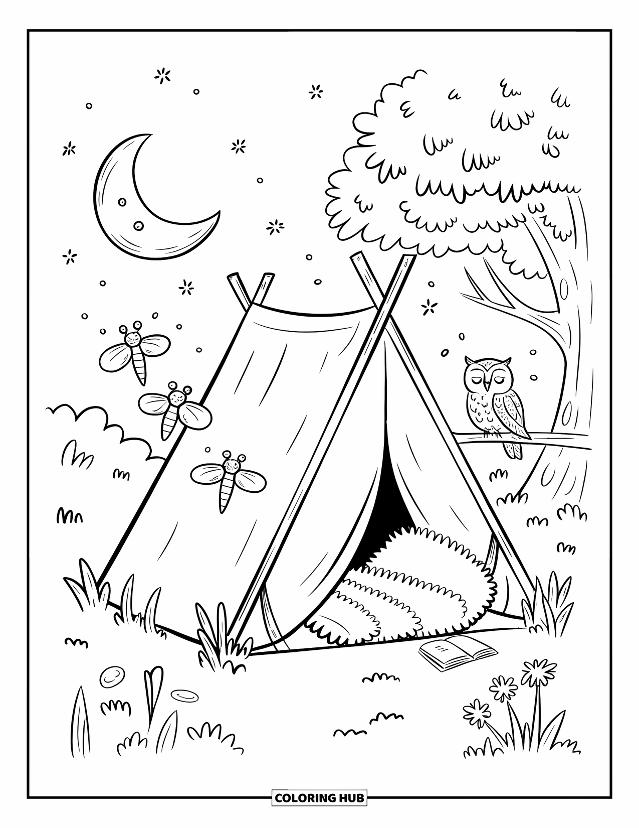 Desenho de Acampamento para Colorir para Adultos: Uma cena de barraca iluminada pela lua com uma coruja, vaga-lumes e um livro descansando na entrada