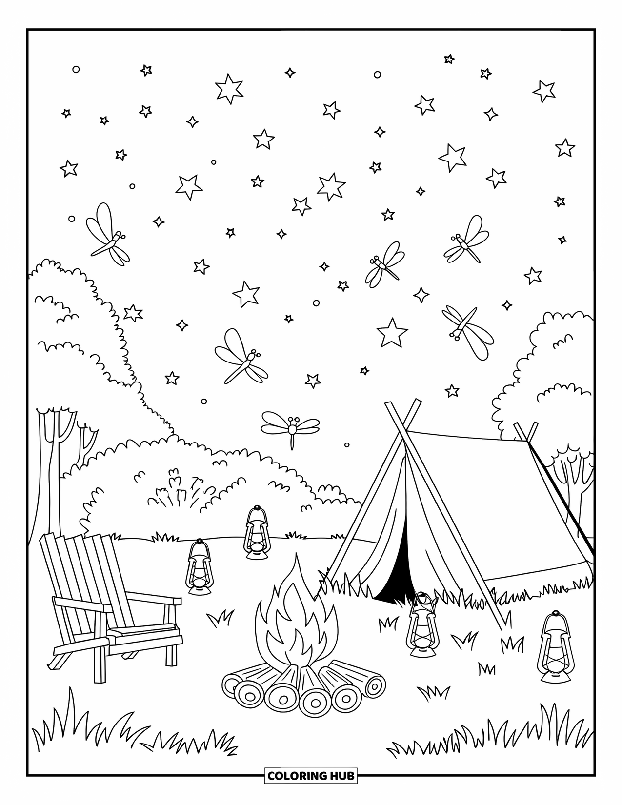 Desenho de acampamento para colorir para adultos: Um acampamento noturno tranquilo com uma barraca brilhante, vaga-lumes e árvores iluminadas por lanternas