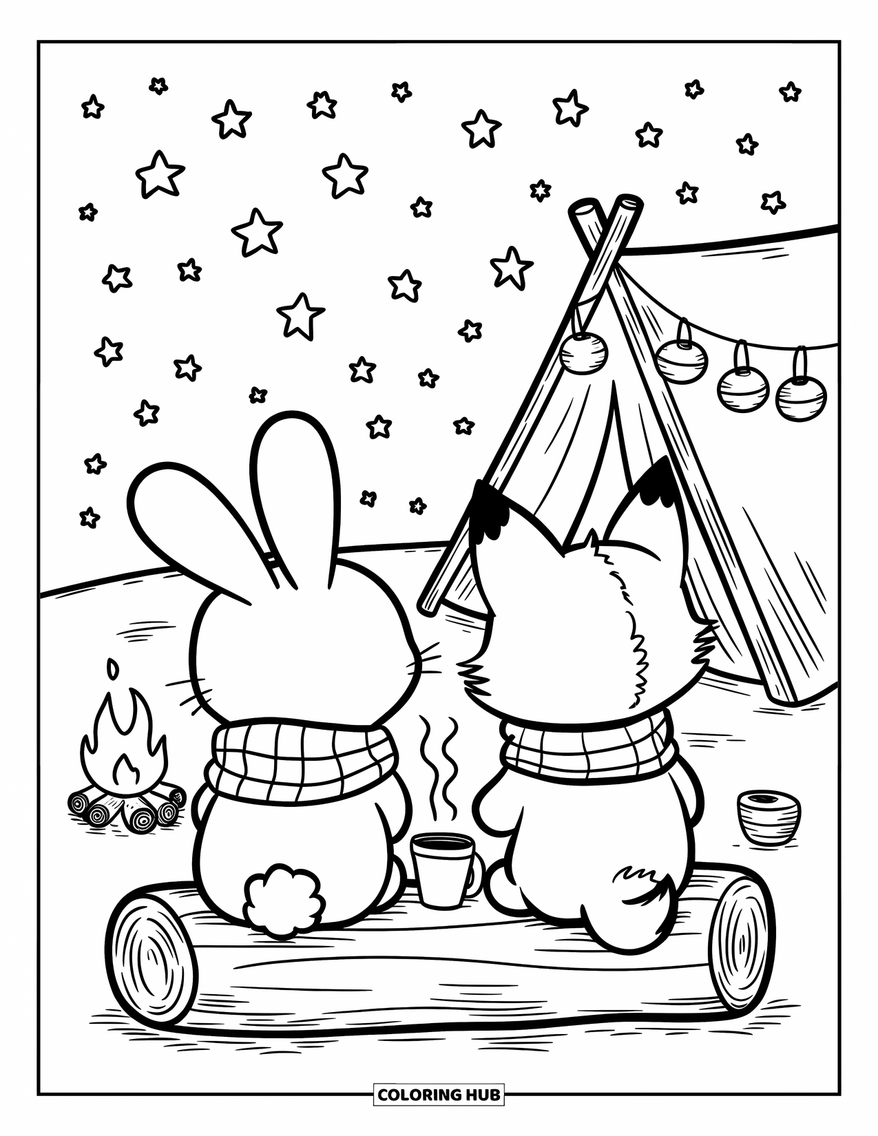 Desenho de Acampamento para Colorir para Adultos: Uma cena noturna tranquila com uma raposa, um coelho e uma barraca iluminada por lanternas ao fundo