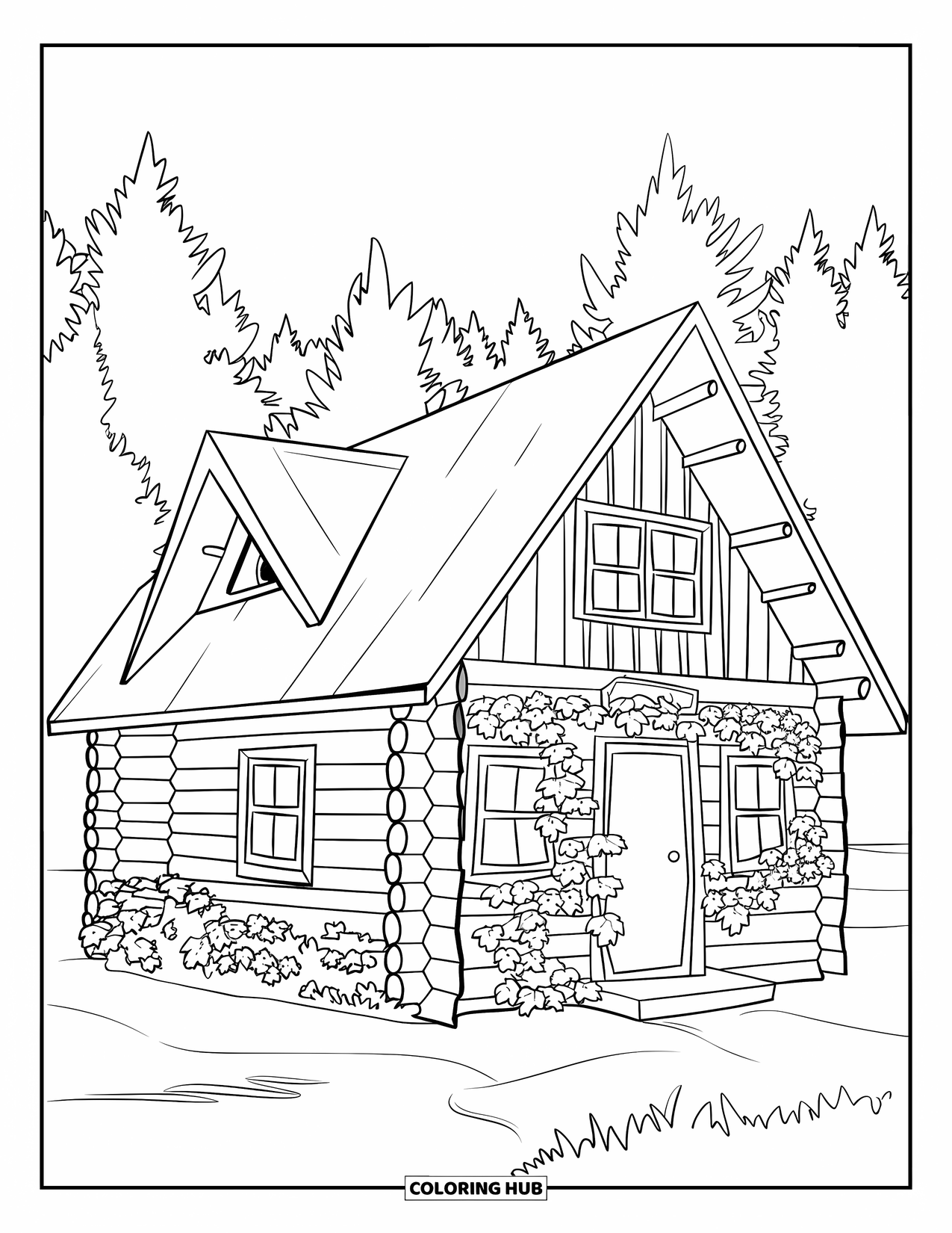 Desenho de acampamento para colorir para adultos: Uma cabana de madeira rústica com hera escalando suas paredes, aninhada entre pinheiros imponentes