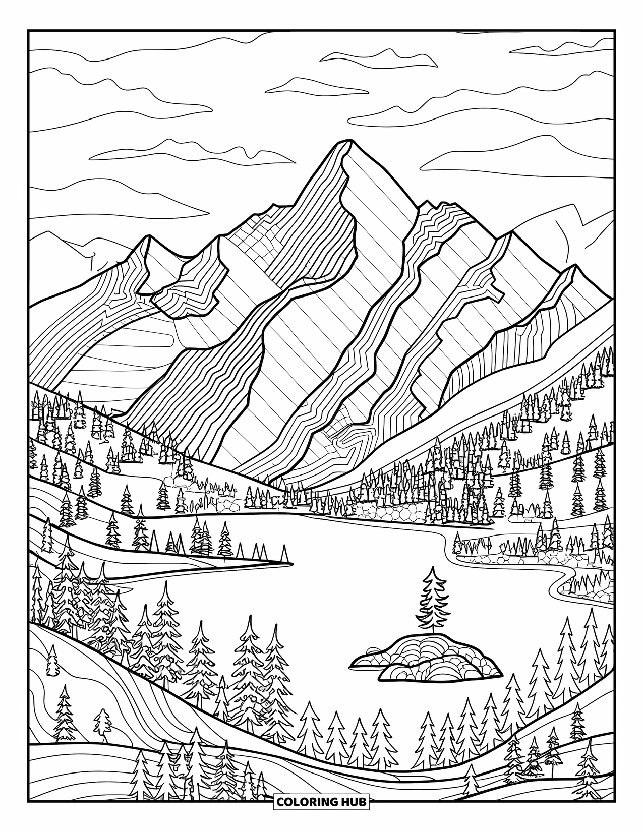 Desenho de acampamento para colorir para adultos: Uma paisagem montanhosa cênica com um lago, ilhas e árvores detalhadas na floresta