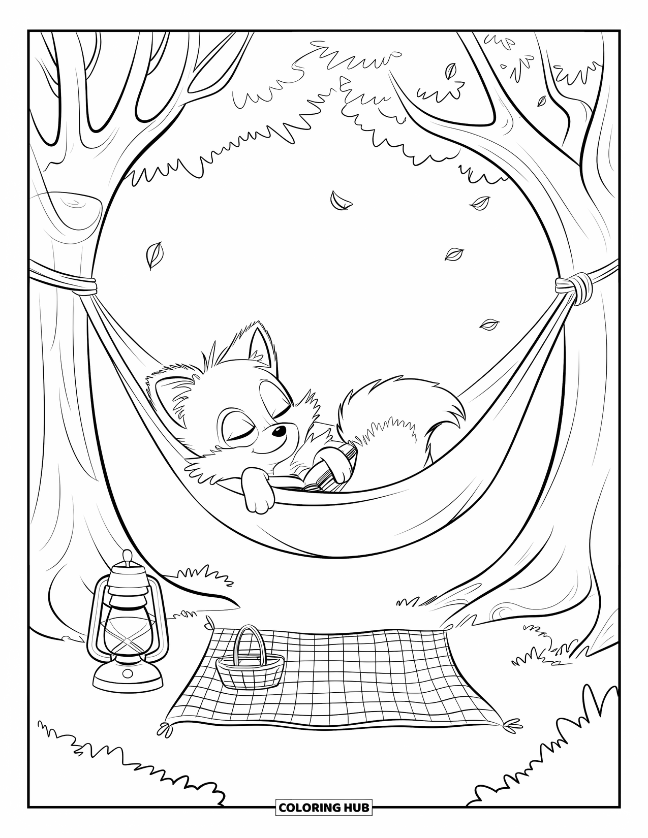 Desenho de acampamento para colorir para adultos: Uma raposa sonolenta em uma rede balançando sob as árvores, com folhas caindo ao redor