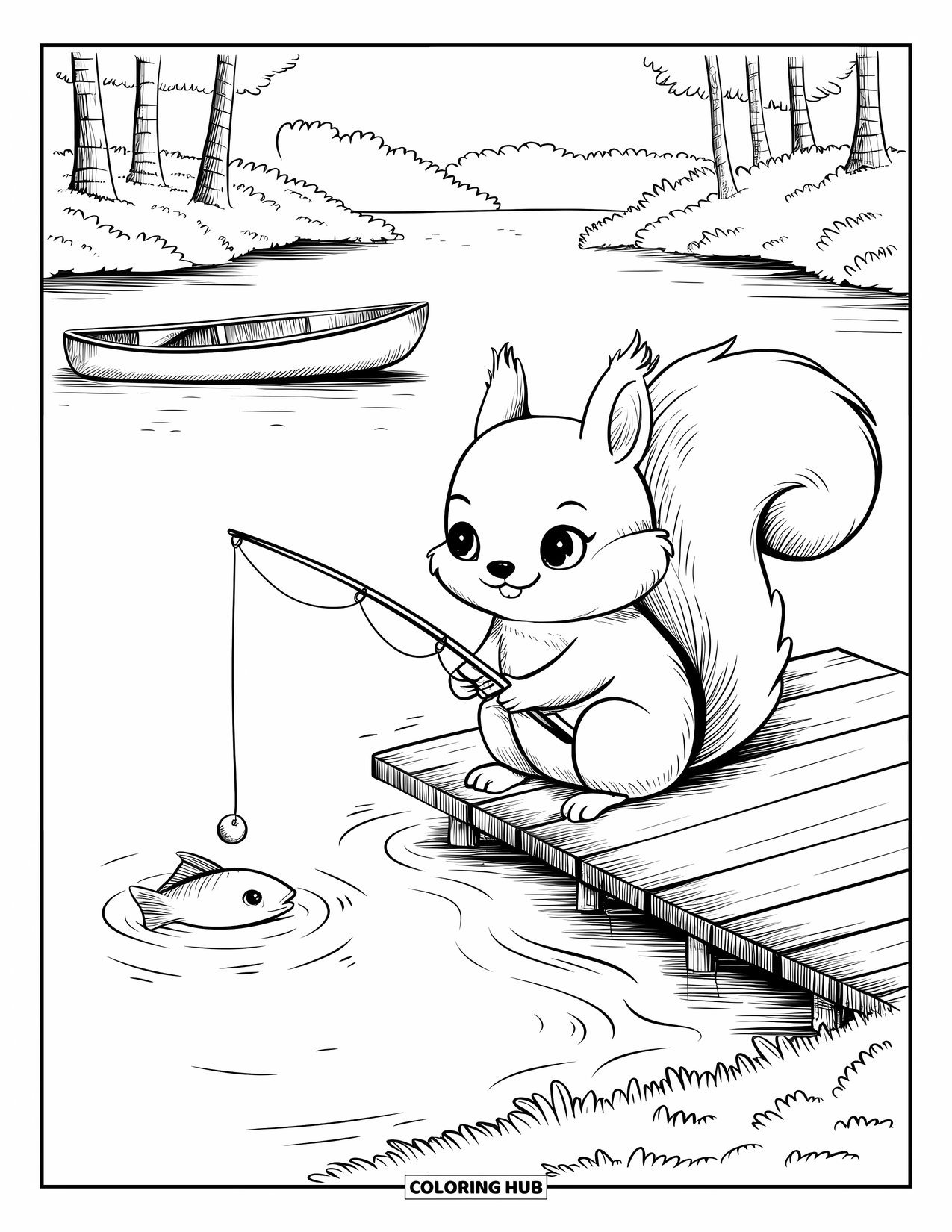Desenho de Acampamento para Colorir para Adultos: Um esquilo lançando uma linha no lago, com uma canoa amarrada nas proximidades