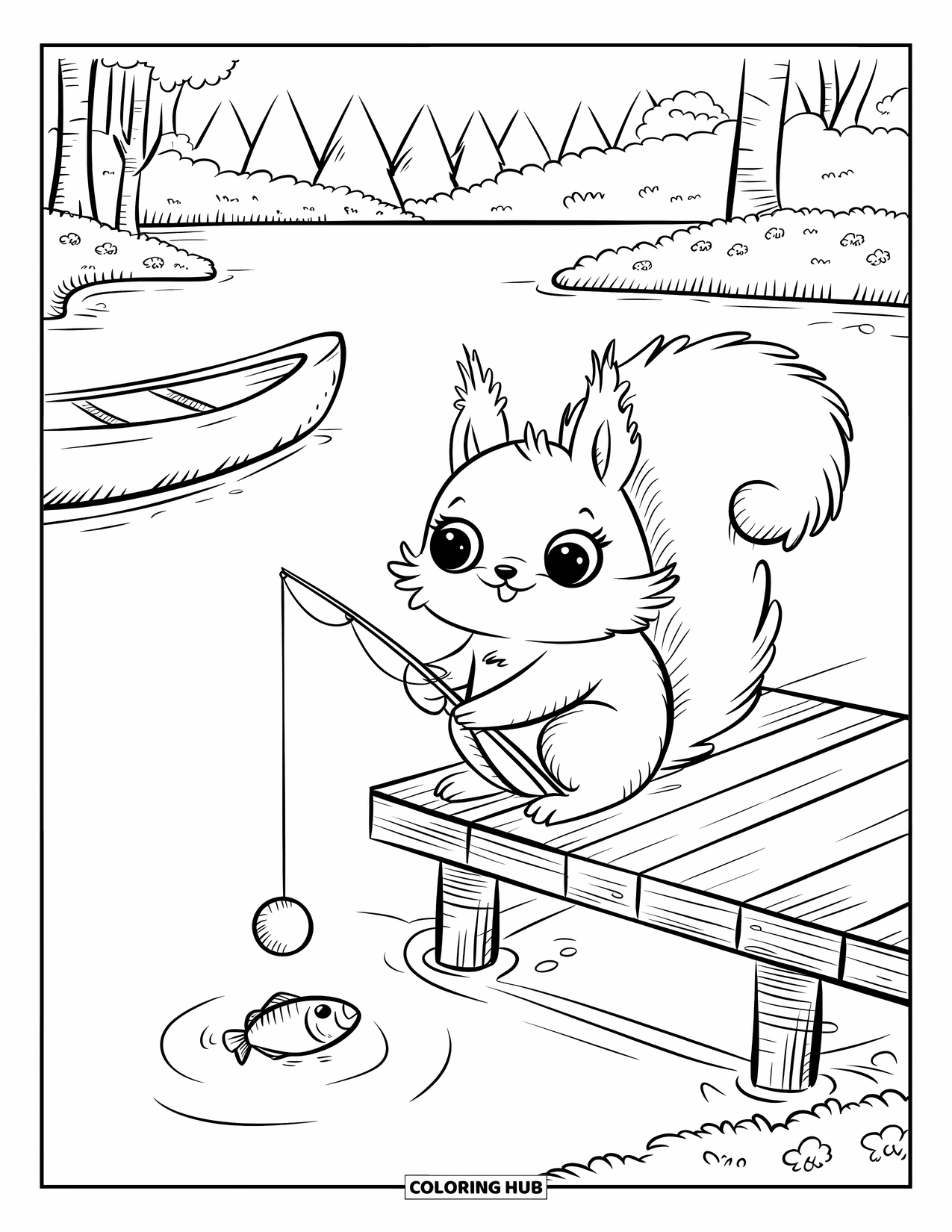 Desenho de Acampamento para Colorir para Adultos: Um esquilo segurando uma pequena vara de pesca, sentado em uma doca com árvores atrás