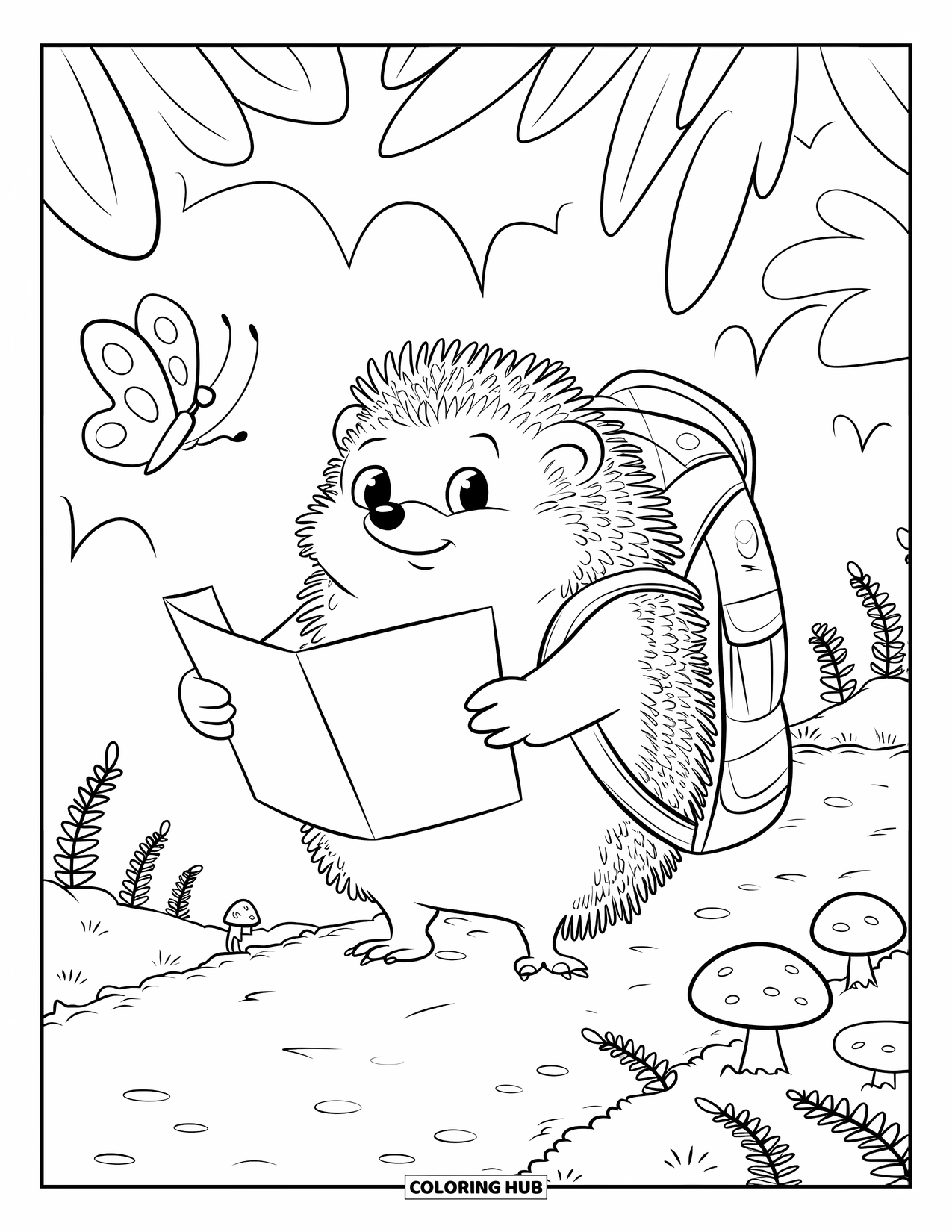 Desenho de Acampamento para Colorir para Adultos: Um pequeno ouriço explorador com uma mochila grande demais, estudando curiosamente um mapa