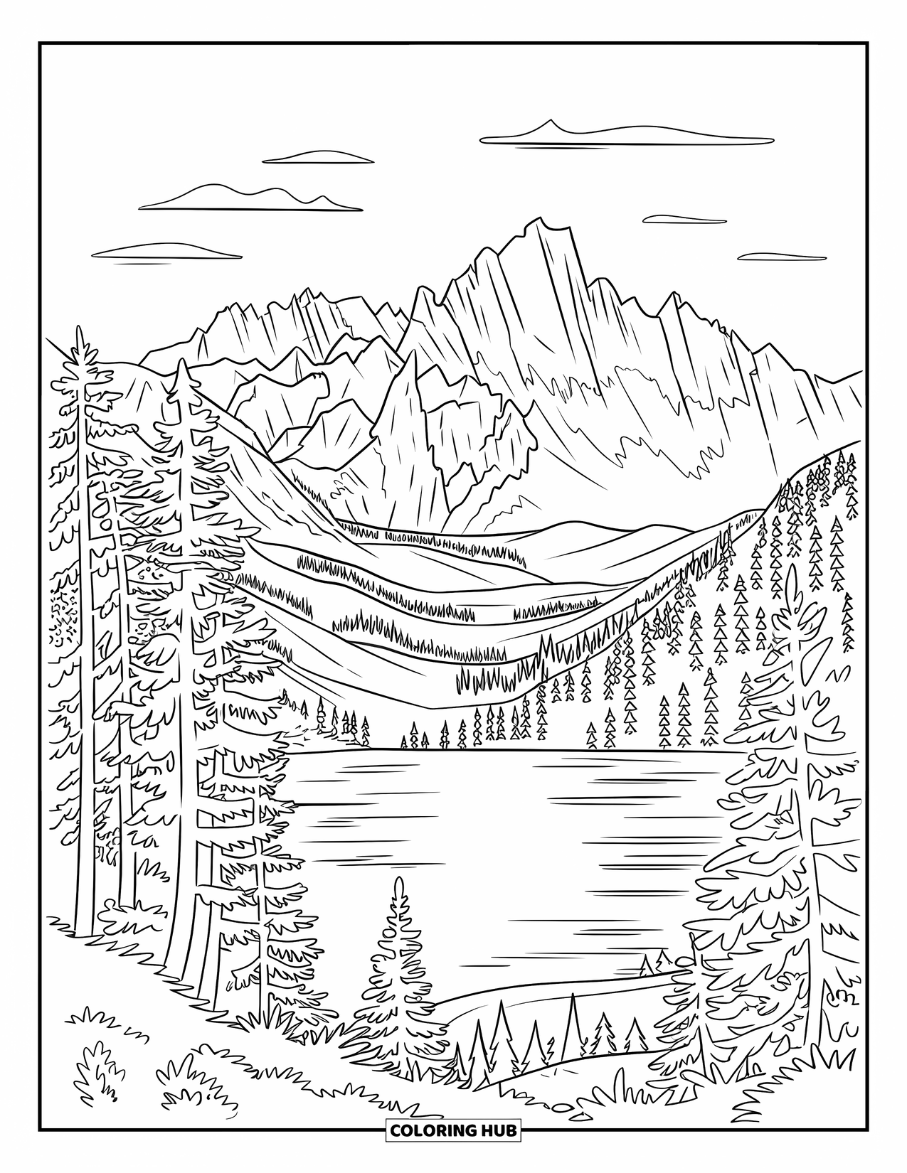 Desenho de acampamento para colorir para adultos: Um lago tranquilo refletindo picos de montanhas irregulares, cercado por troncos de árvores padronizados