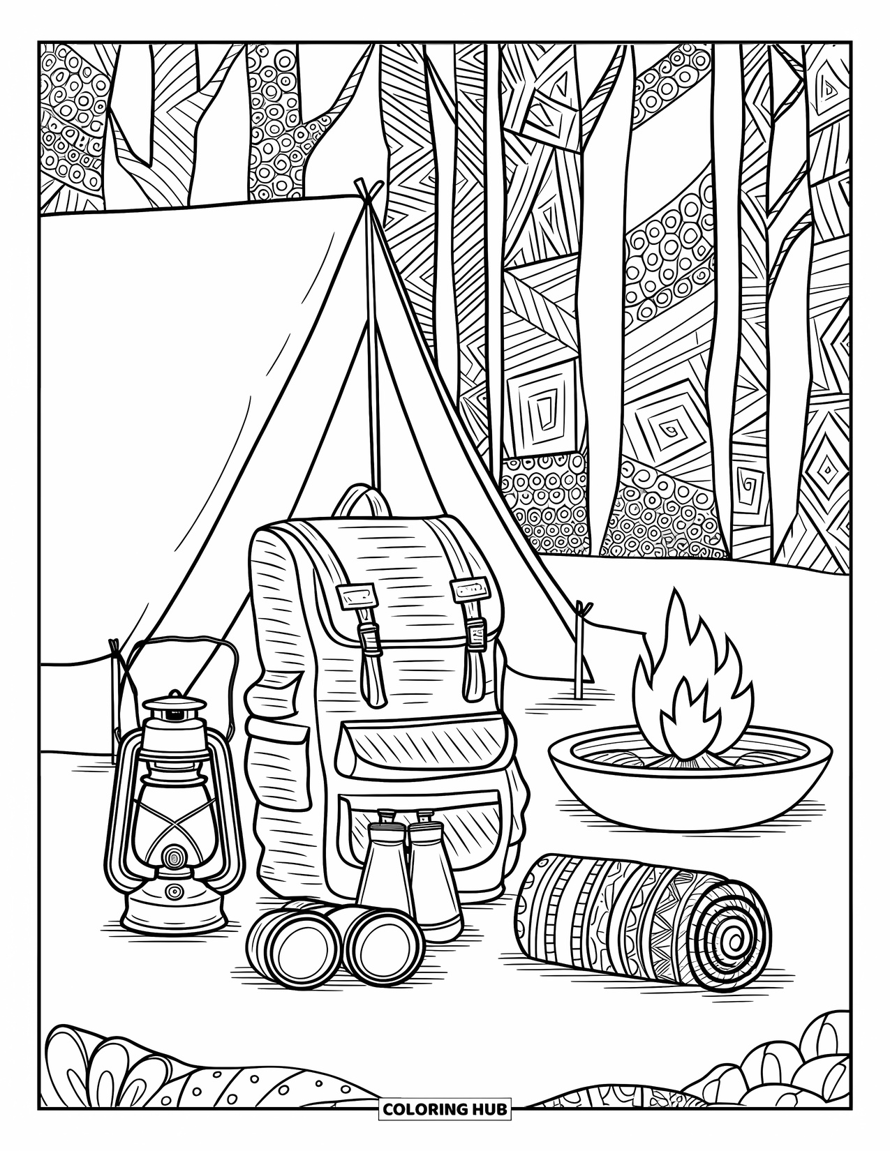 Desenho de acampamento para colorir para adultos: Uma configuração de acampamento bem organizada com equipamentos, uma fogueira e detalhes intrincados da floresta