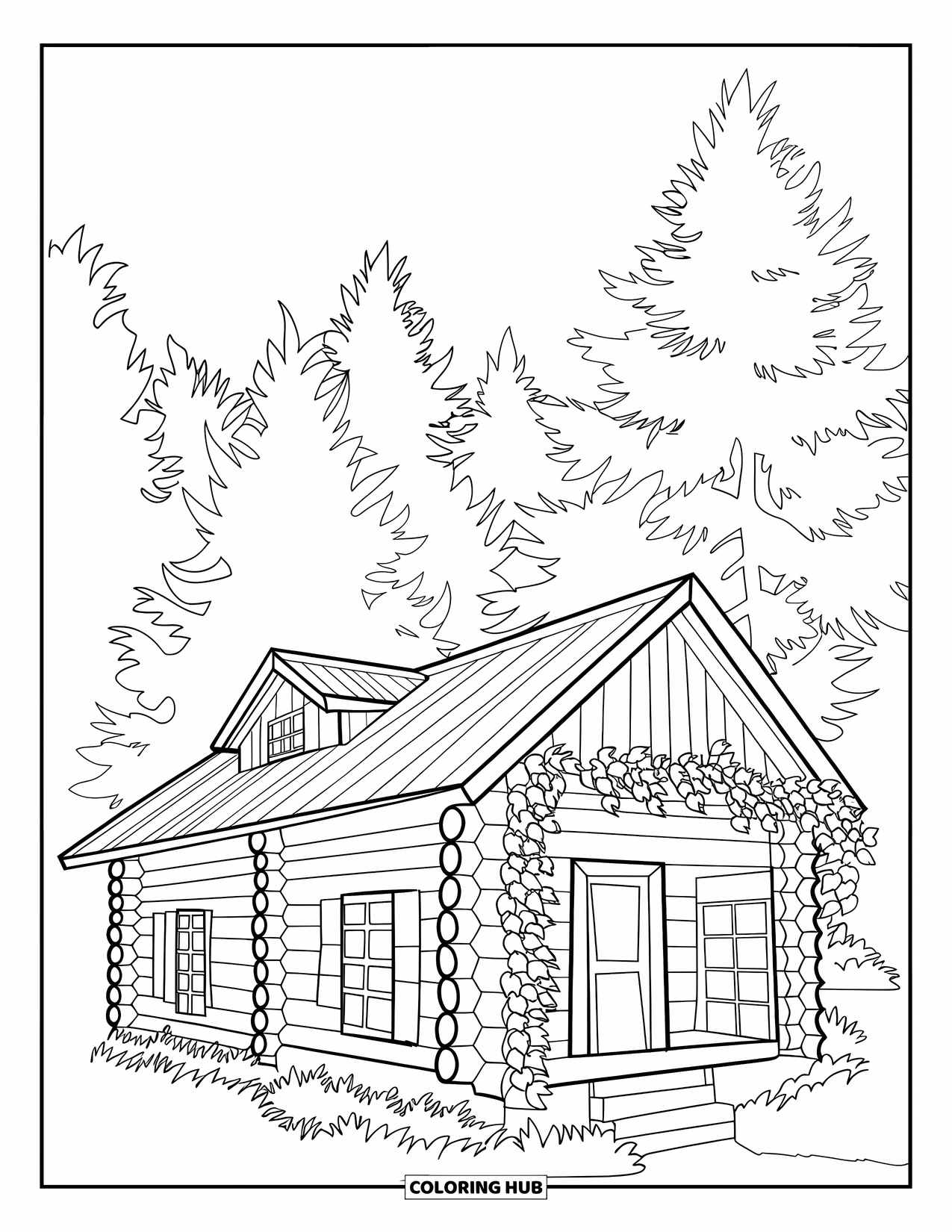 Desenho de acampamento para colorir para adultos: Uma cabana de madeira no fundo da floresta, decorada com hera e detalhes intrincados de marcenaria