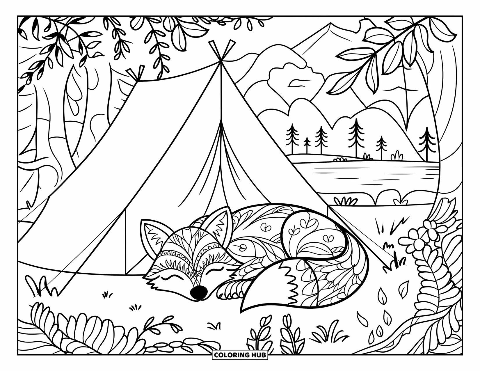 Desenho de acampamento para colorir para adultos: Uma raposa da floresta dorme perto de uma barraca, cercada por folhagem detalhada e árvores altas
