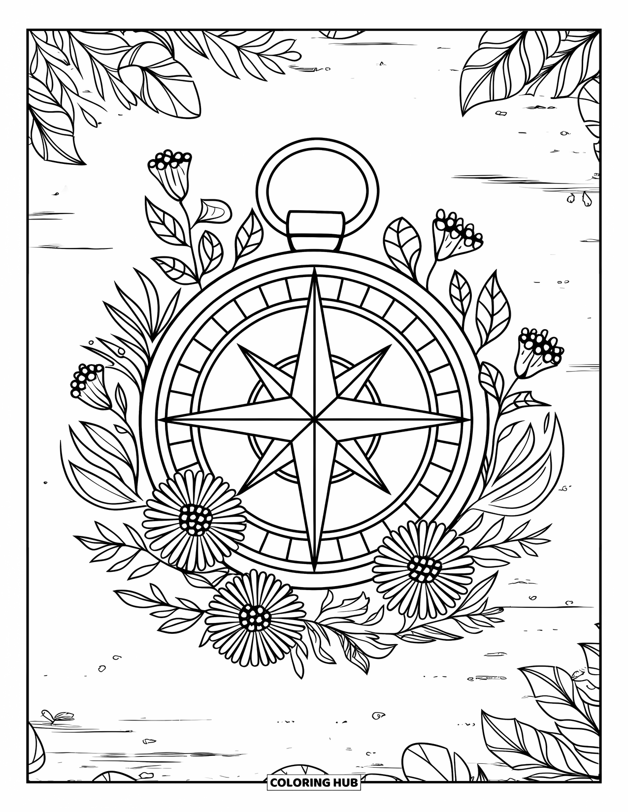 Desenho de acampamento para colorir para adultos: Uma bússola artística com elementos florais delicados, definida contra um fundo sutilmente texturizado