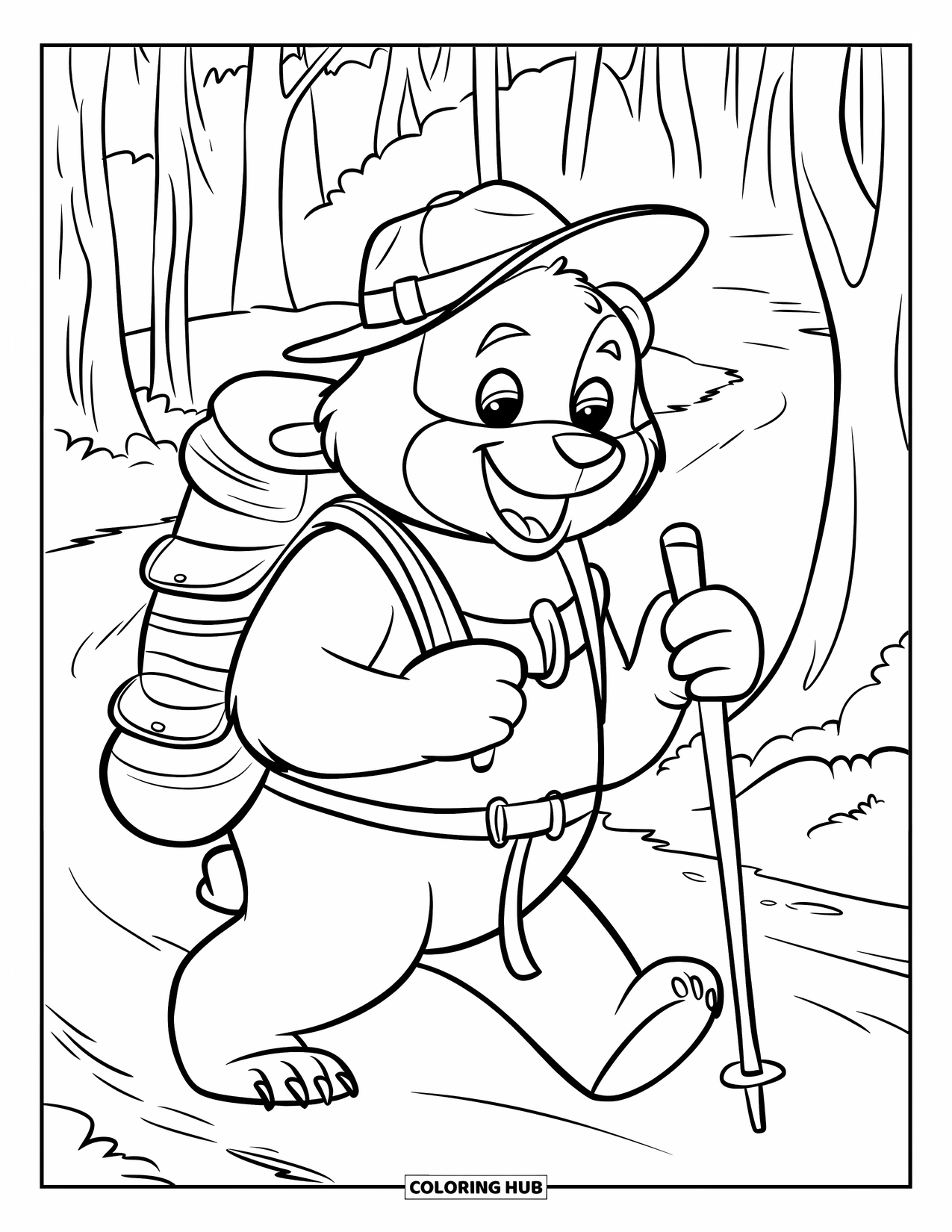 Desenho de Acampamento para Crianças: Um urso com um bastão de caminhada abrindo caminho por uma floresta tranquila